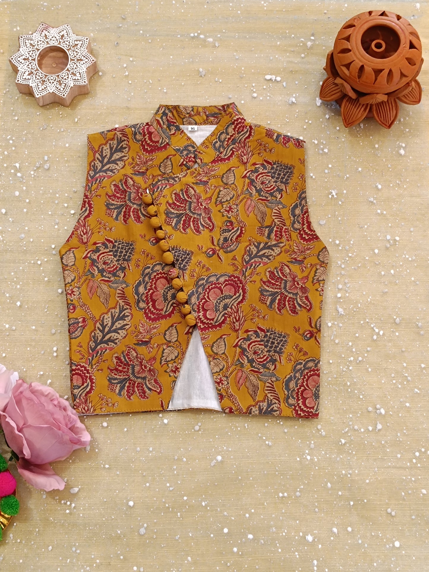 Mustard block printed Jacket with Kurta -Dhoti