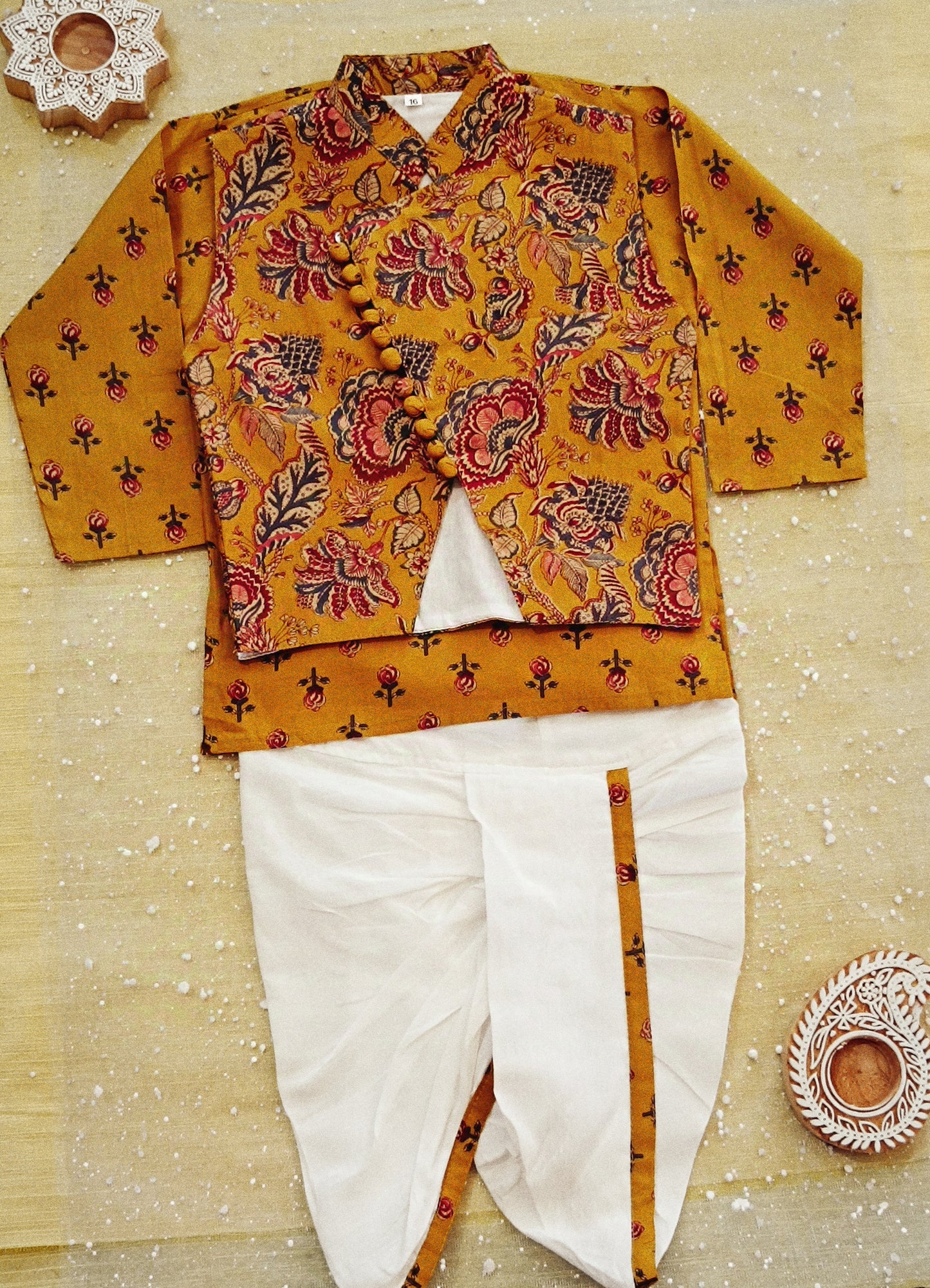 Mustard block printed Jacket with Kurta -Dhoti