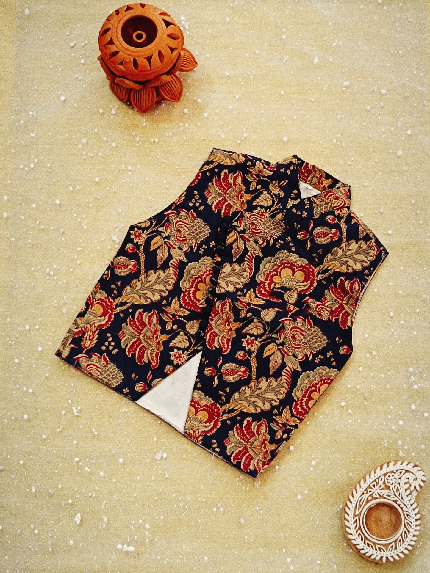 Navy Blue block printed Jacket with Kurta -Dhoti
