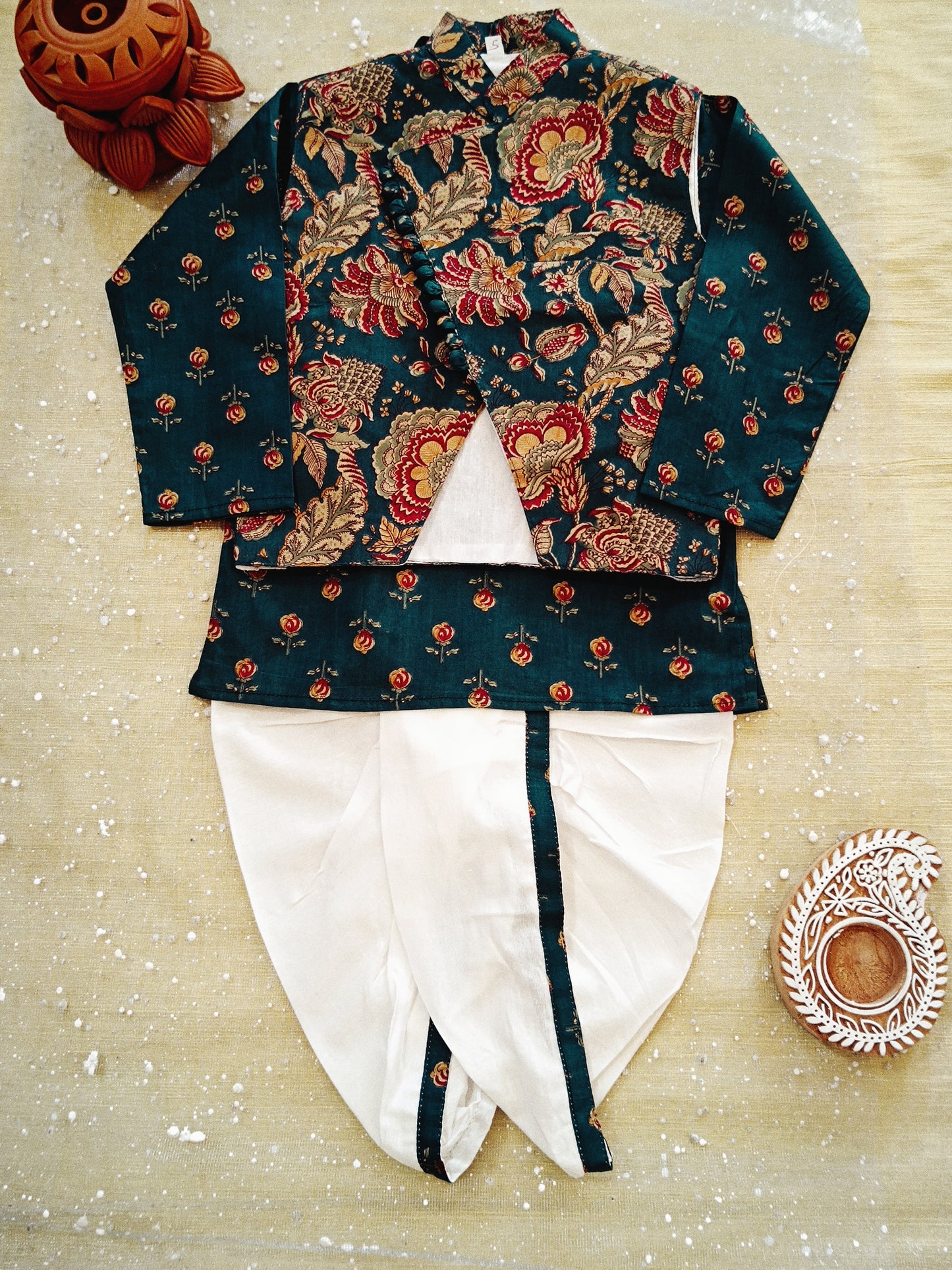 Green block printed Jacket with Kurta -Dhoti