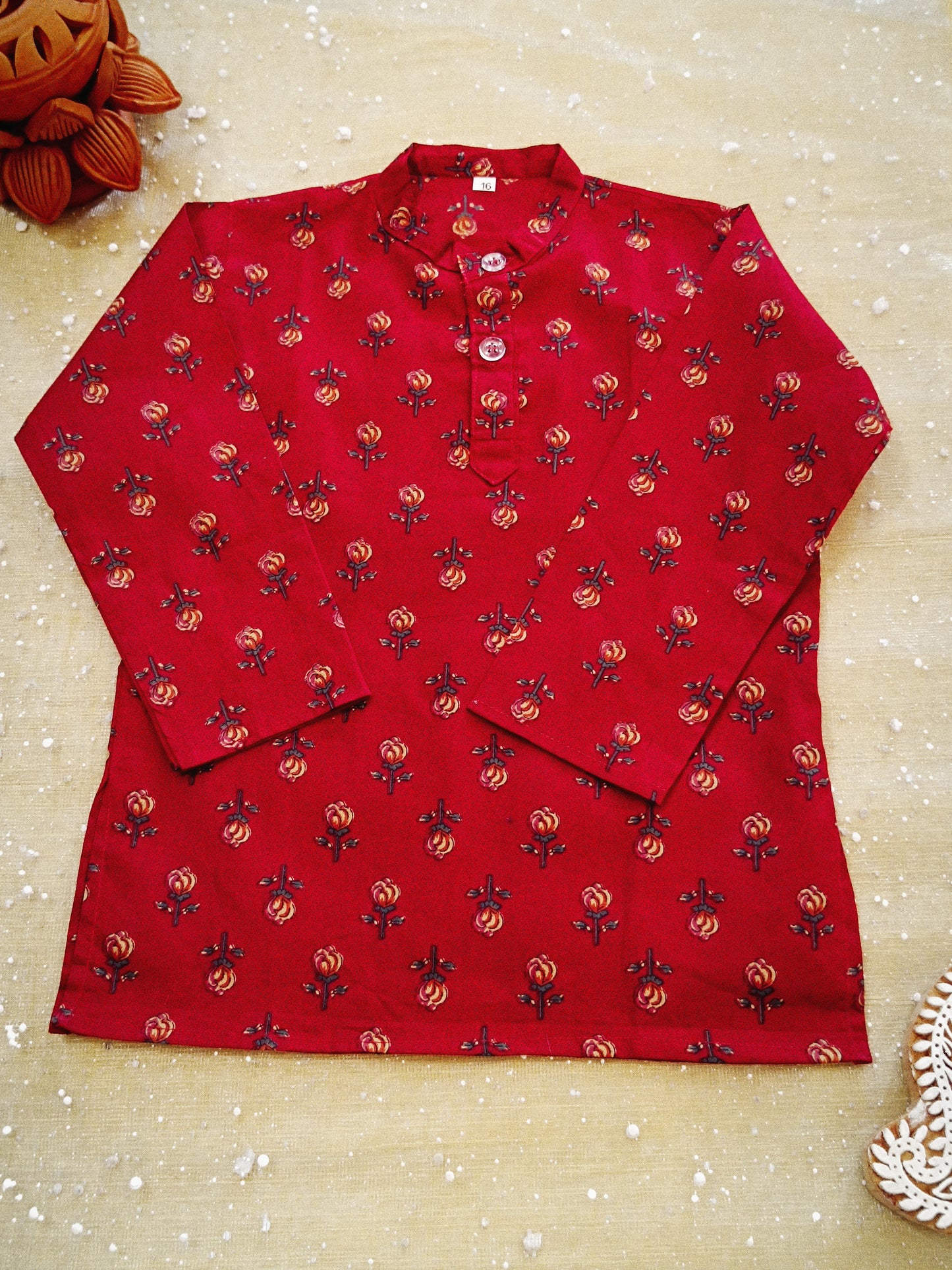 Maroon block printed Jacket with Kurta -Dhoti