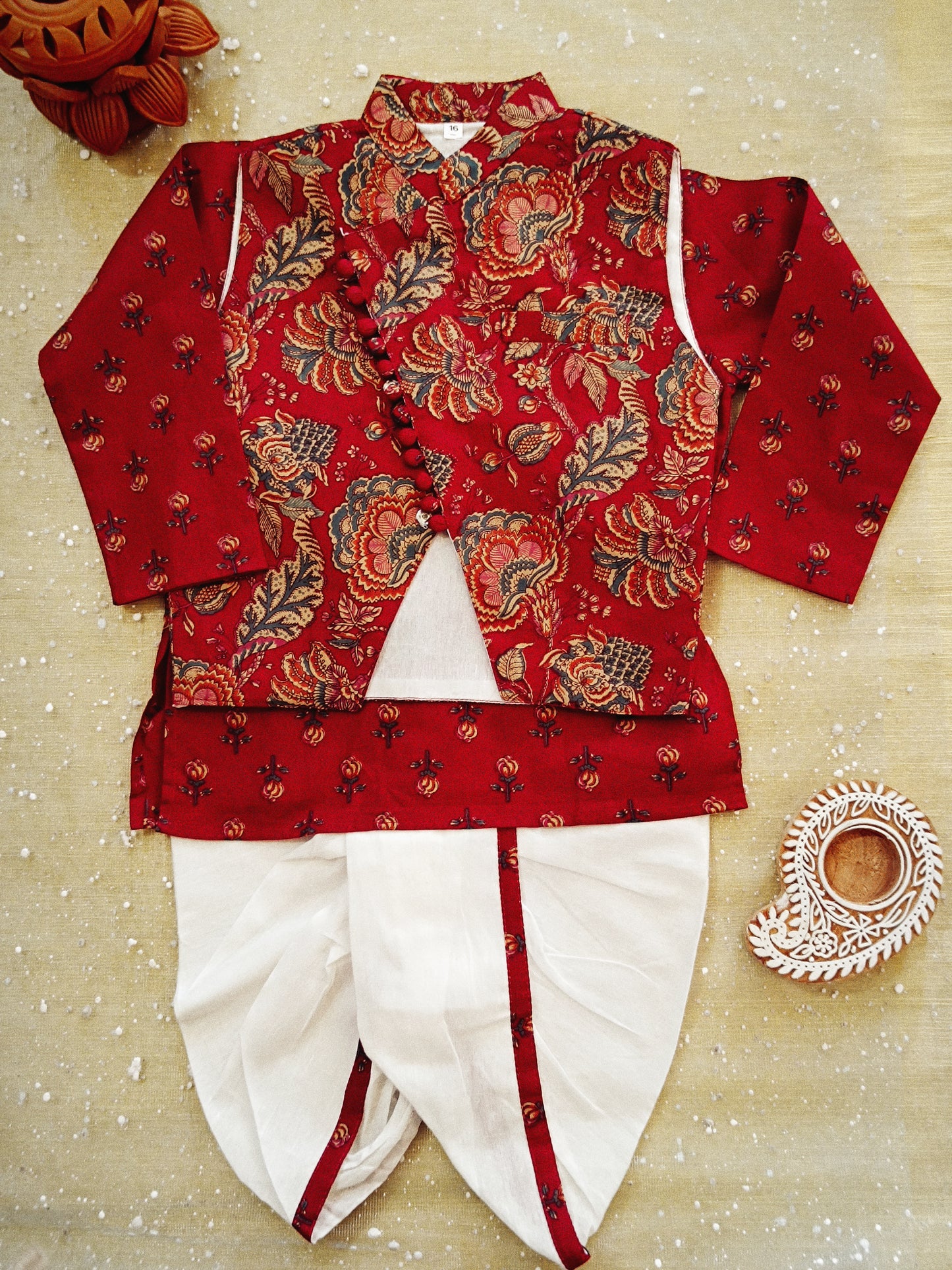 Maroon block printed Jacket with Kurta -Dhoti