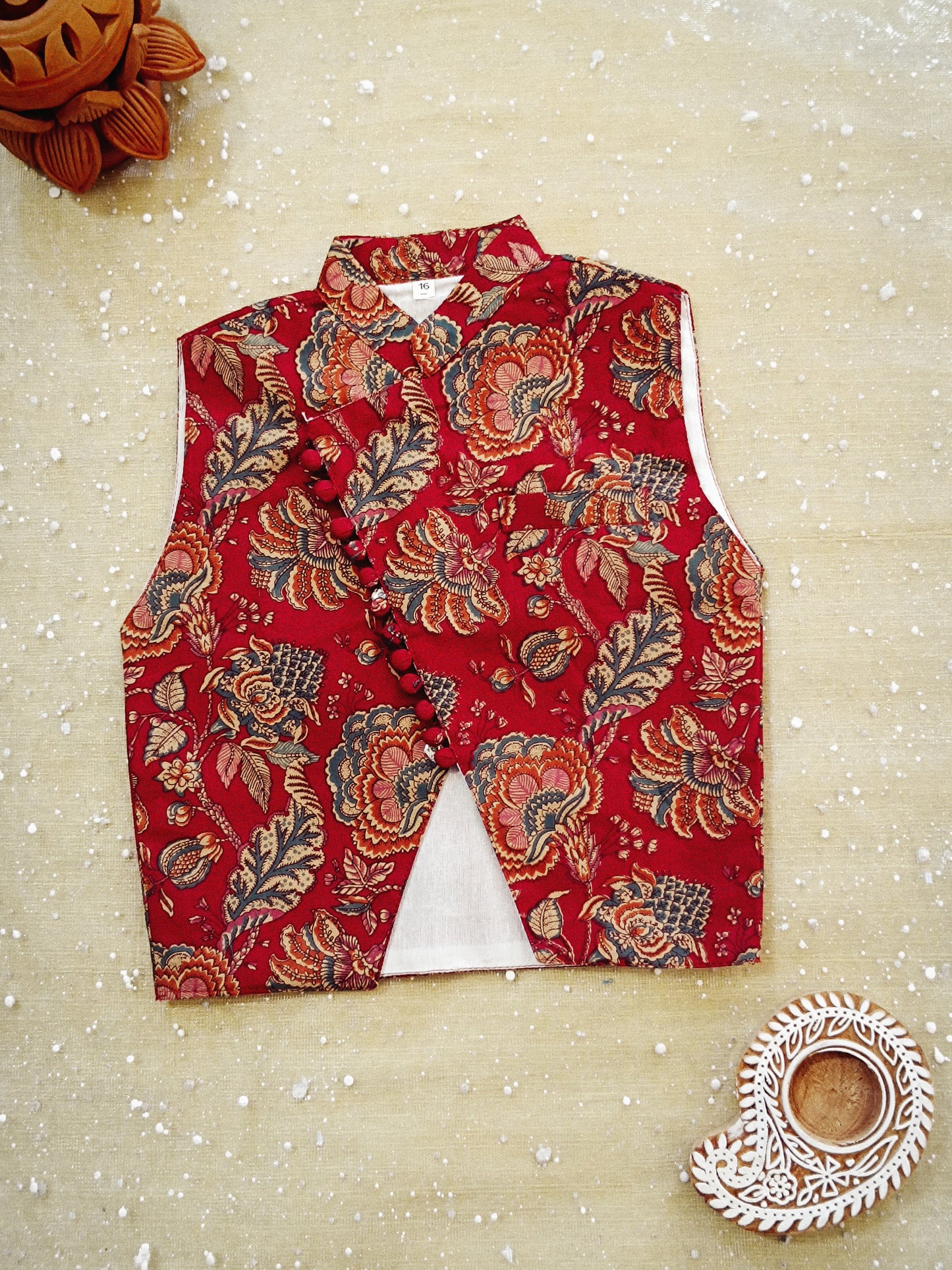 Maroon block printed Jacket with Kurta -Dhoti