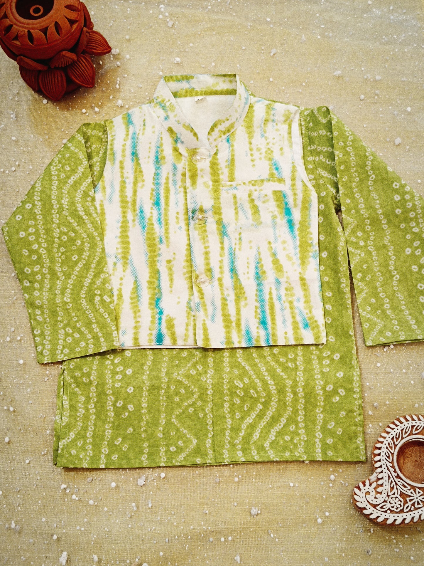 Parrot Green Tie and Dye Jacket with Bandhej Kurta -Pyjama