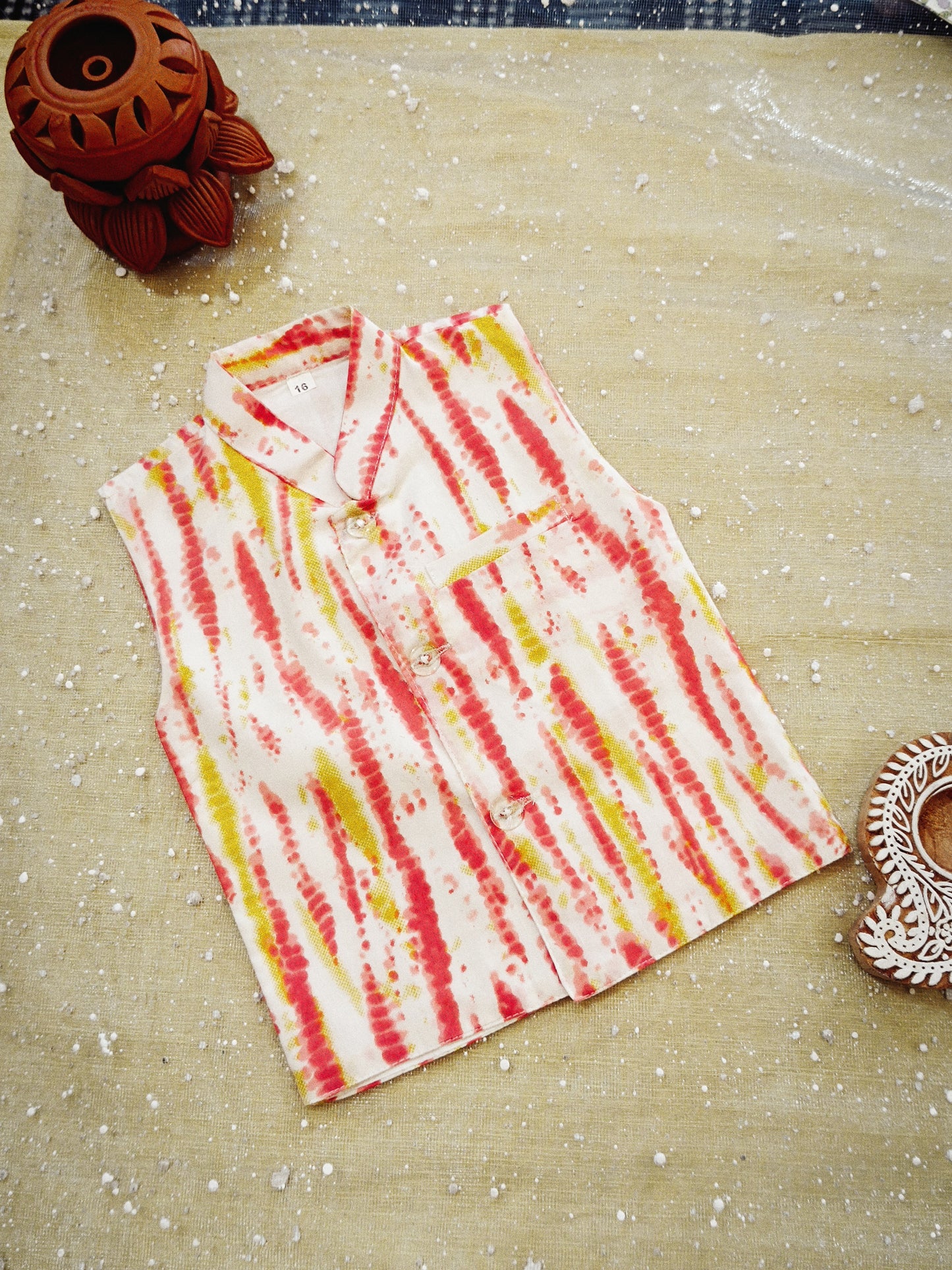 Red Tie and Dye Jacket with Bandhej Kurta-Pyjama