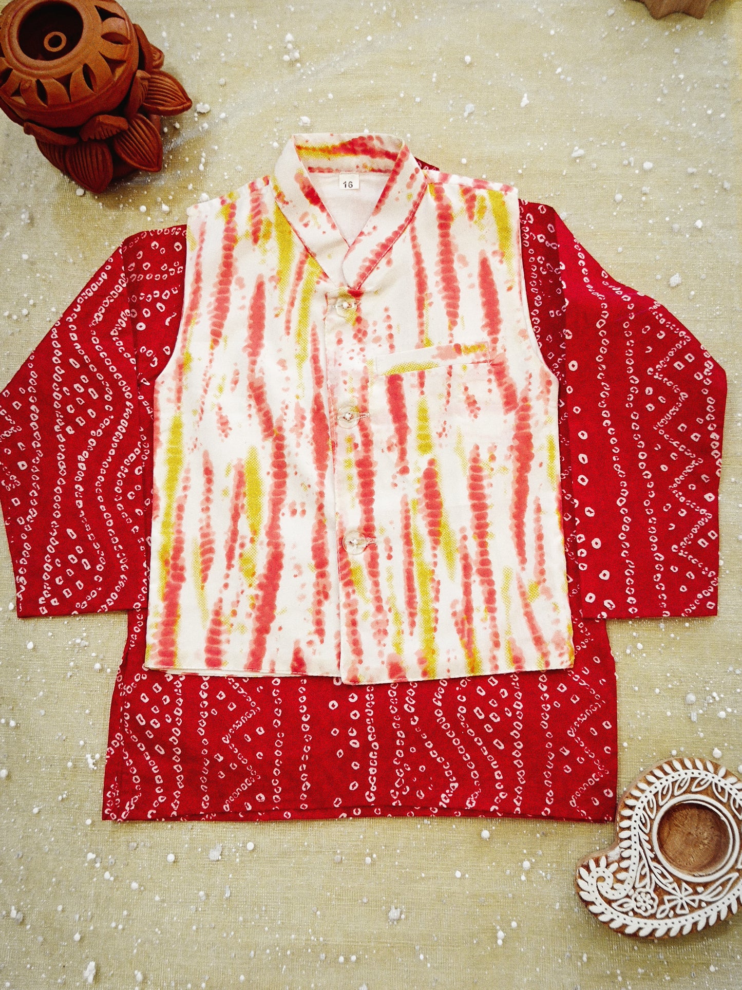 Red Tie and Dye Jacket with Bandhej Kurta-Pyjama