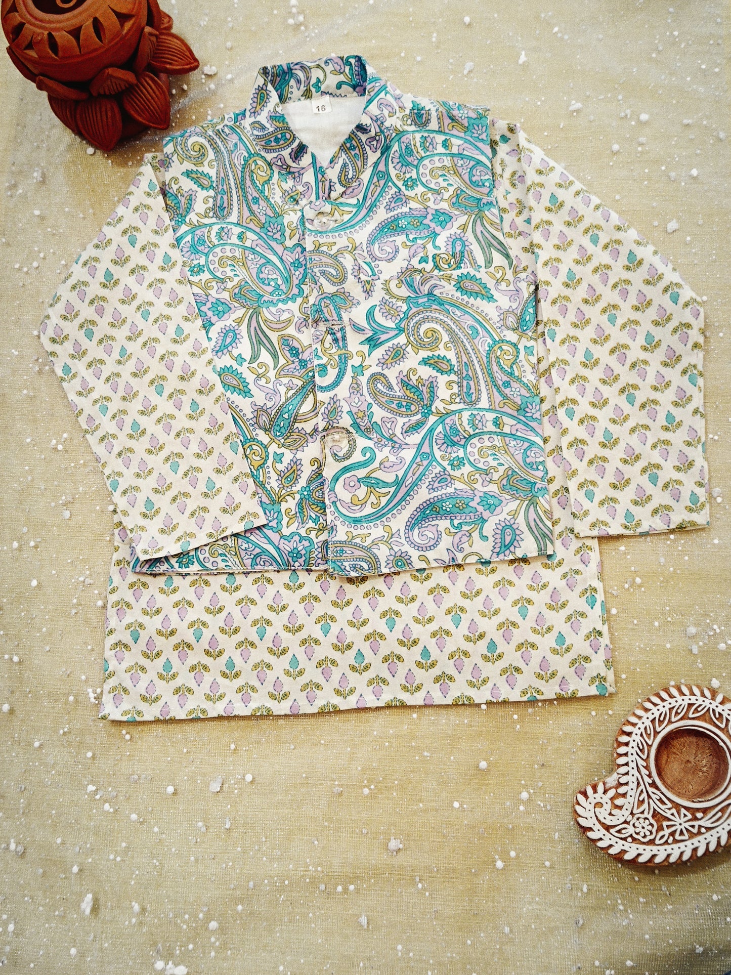 Sky Blue Paisley Print Jacket With Kurta -Pyjama
