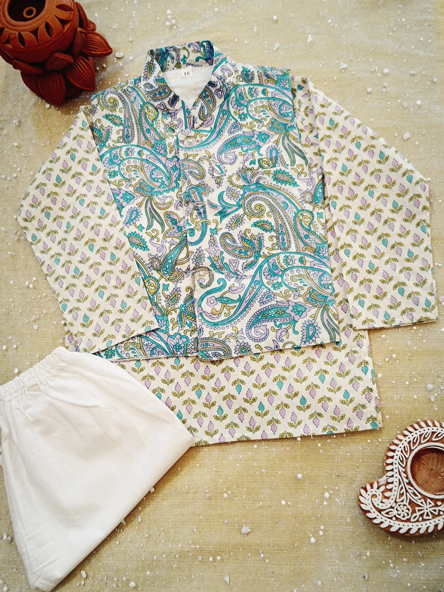 Sky Blue Paisley Print Jacket With Kurta -Pyjama