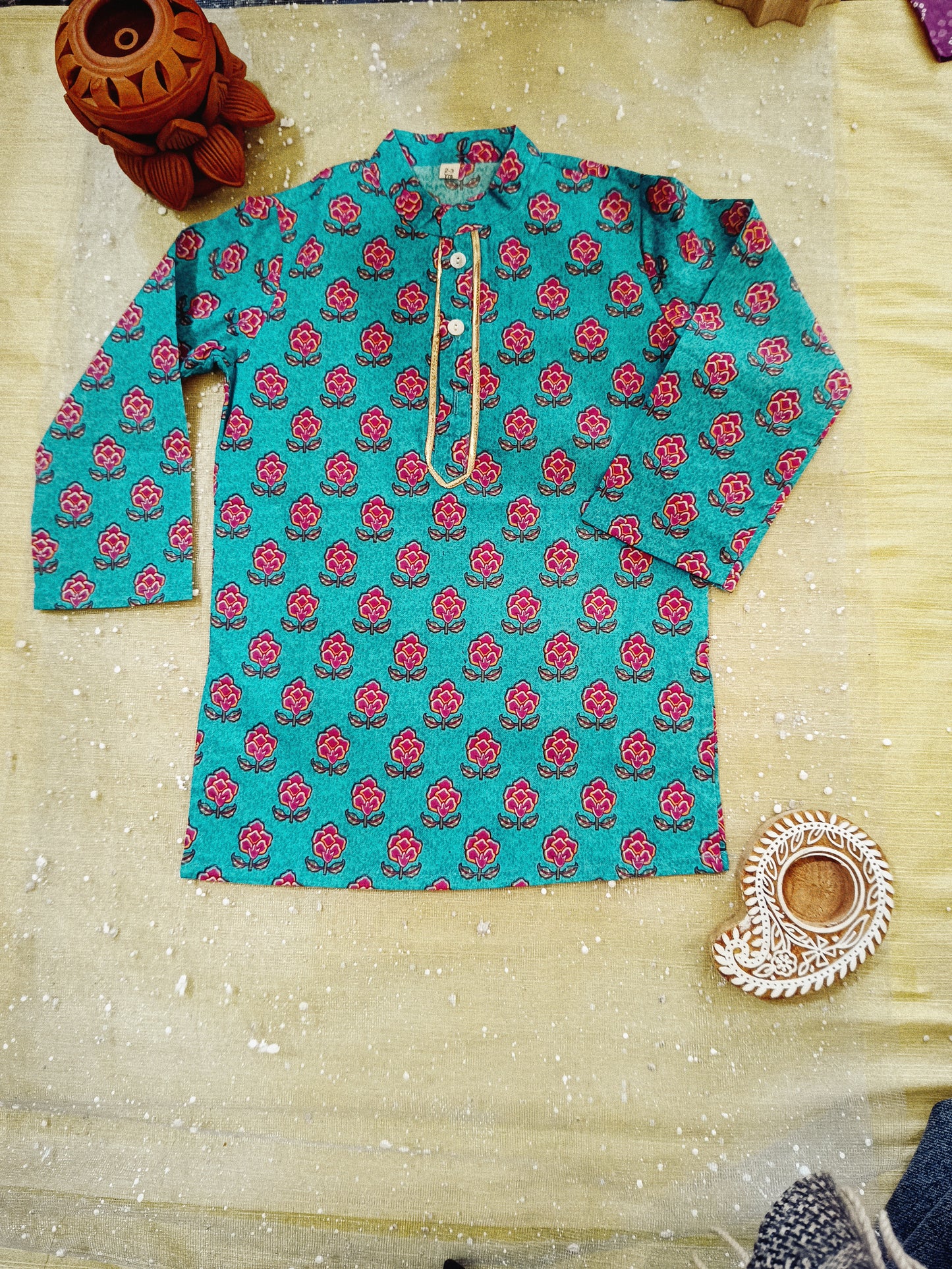 Sea Green Block Printed Boy's Kurta