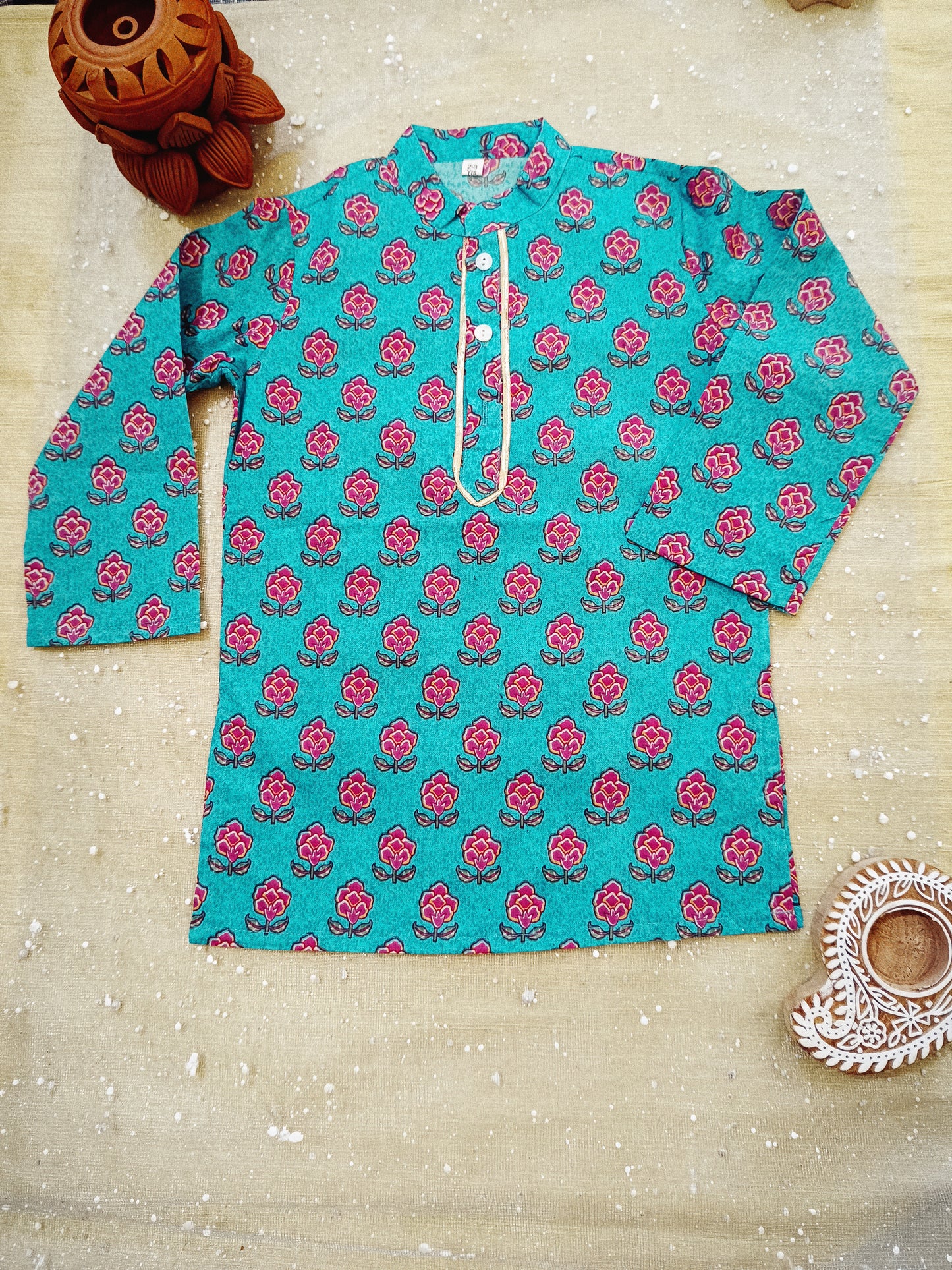 Sea Green Block Printed Boy's Kurta