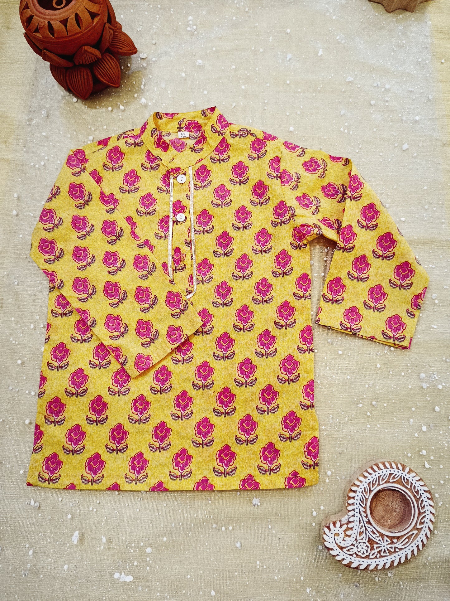 Mustard Block Print Boy's Kurta