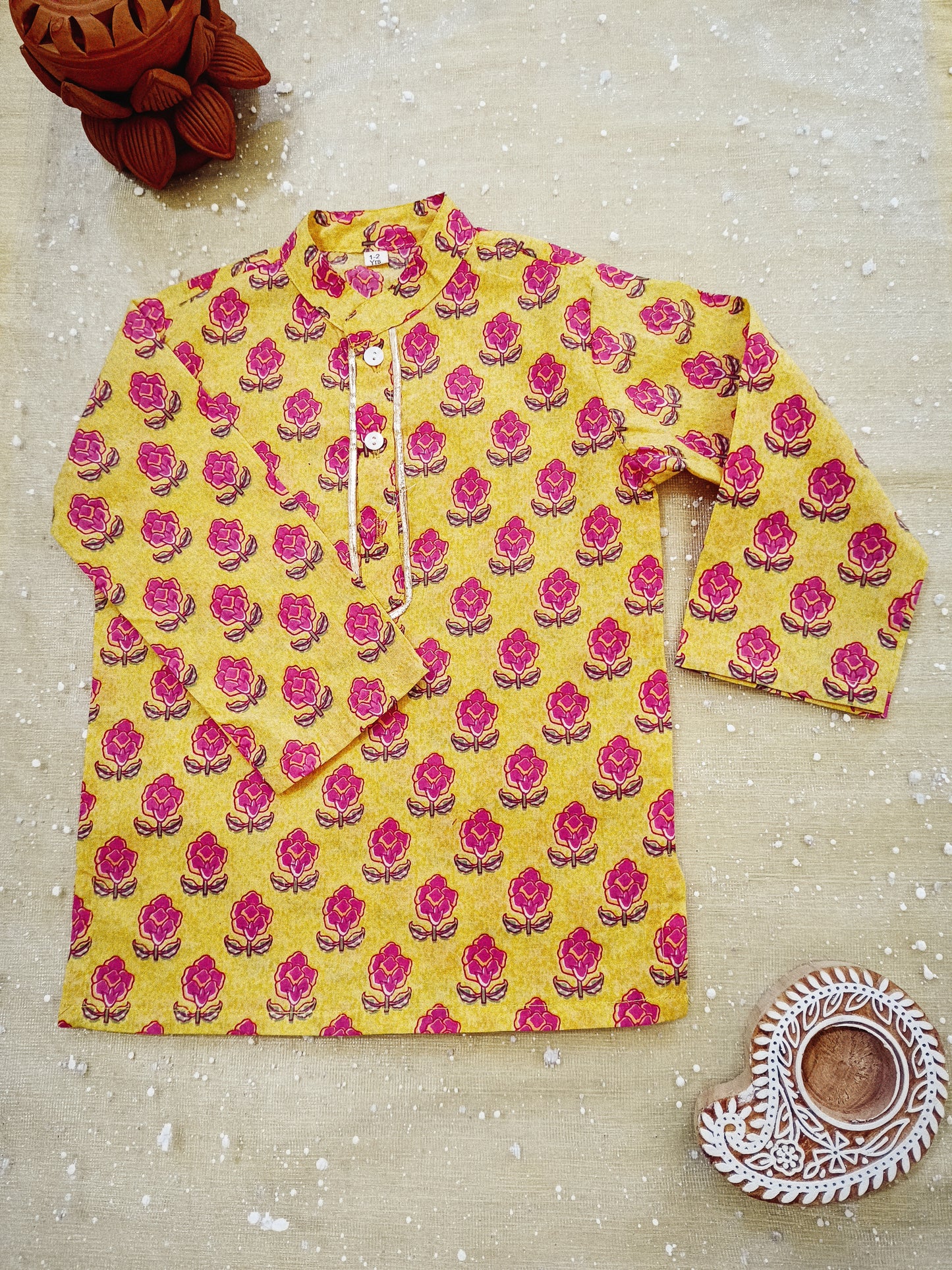 Mustard Block Print Boy's Kurta