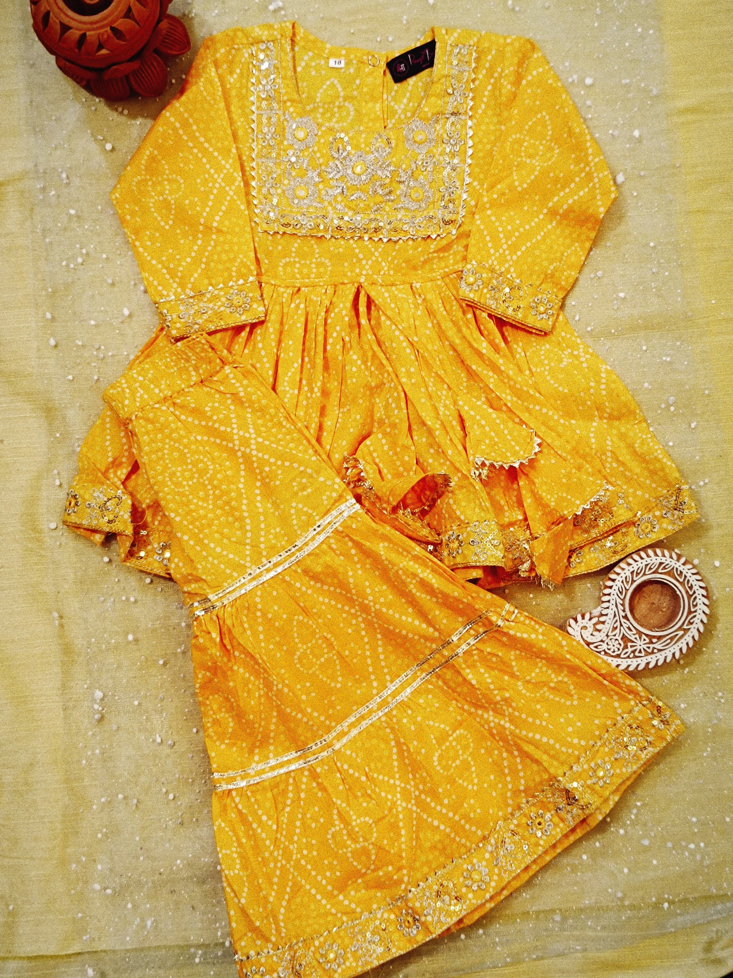 Jaipuri Print Yellow Colour Anarkali Suit With Sharara