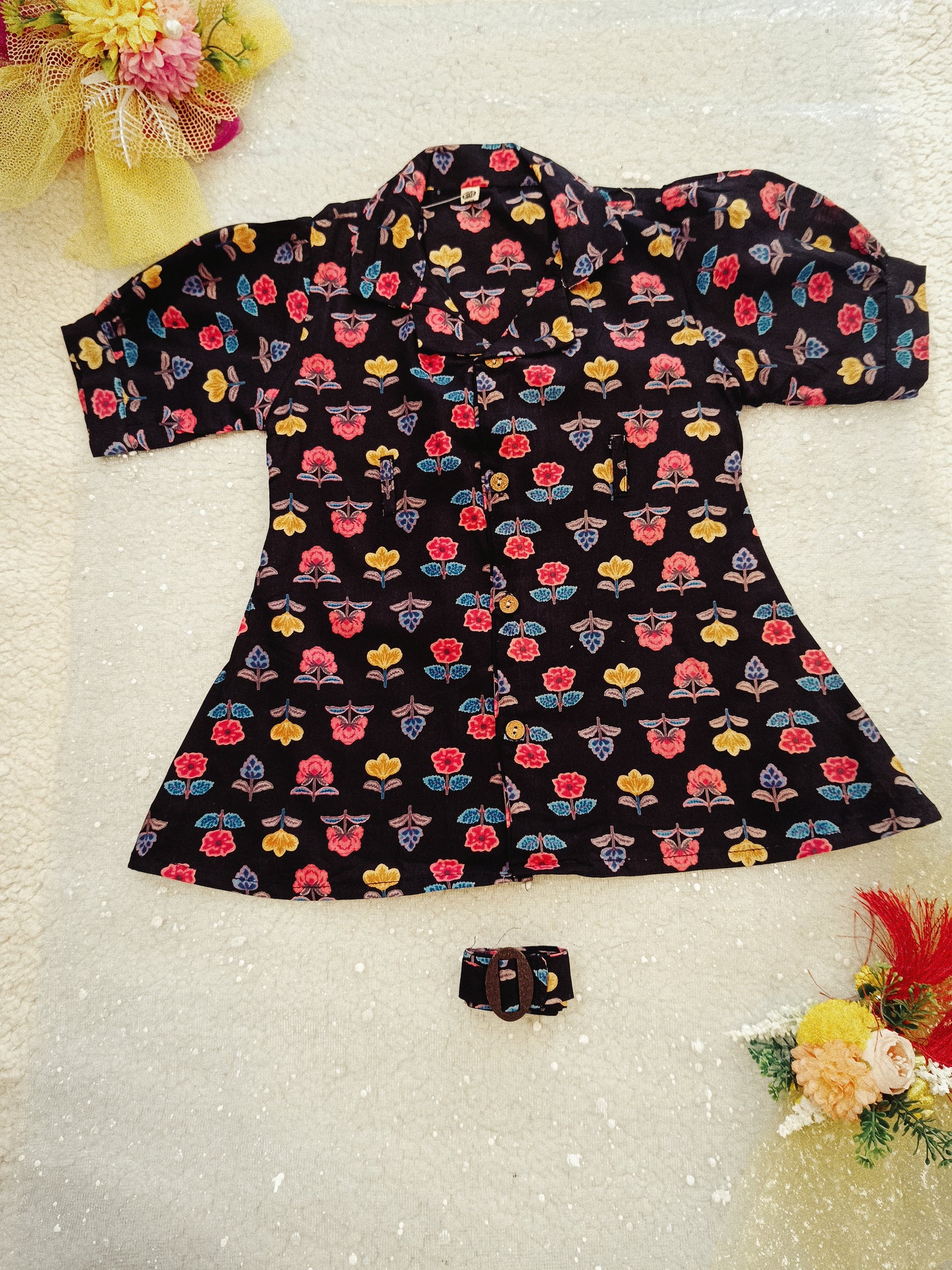 Flower Printed Black color Summer Frock For girls