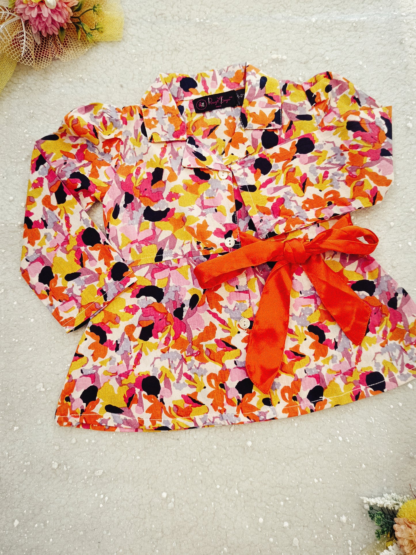 Orange Colour Flower Print Girls Co-Ord Set