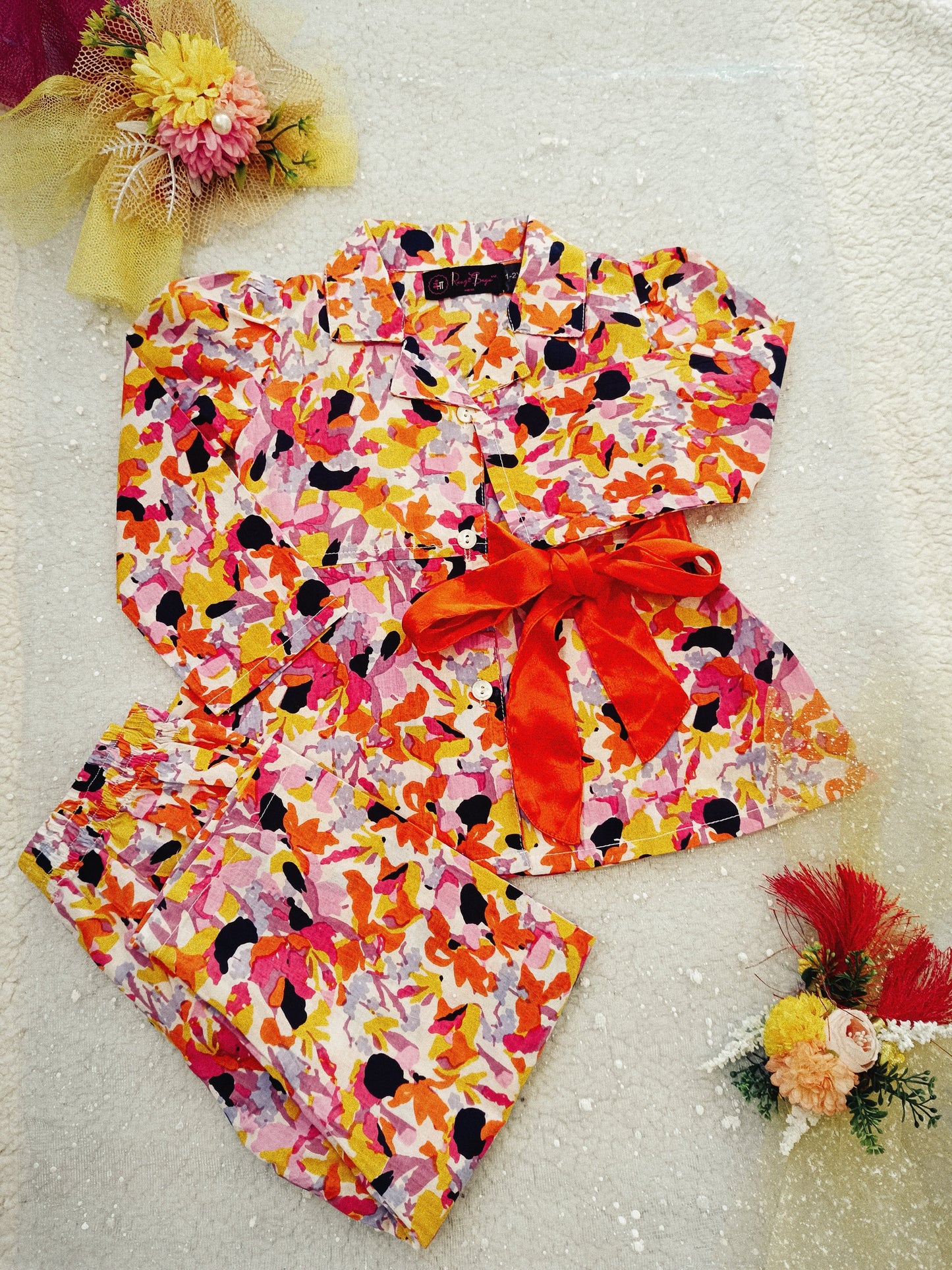 Orange Colour Flower Print Girls Co-Ord Set