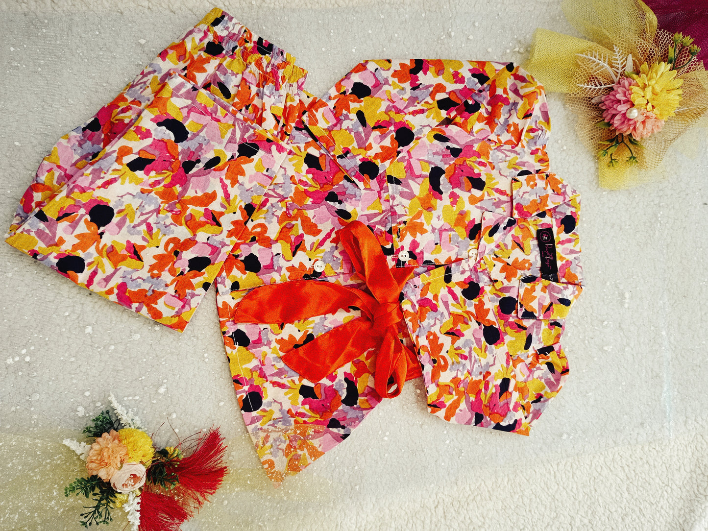 Orange Colour Flower Print Girls Co-Ord Set