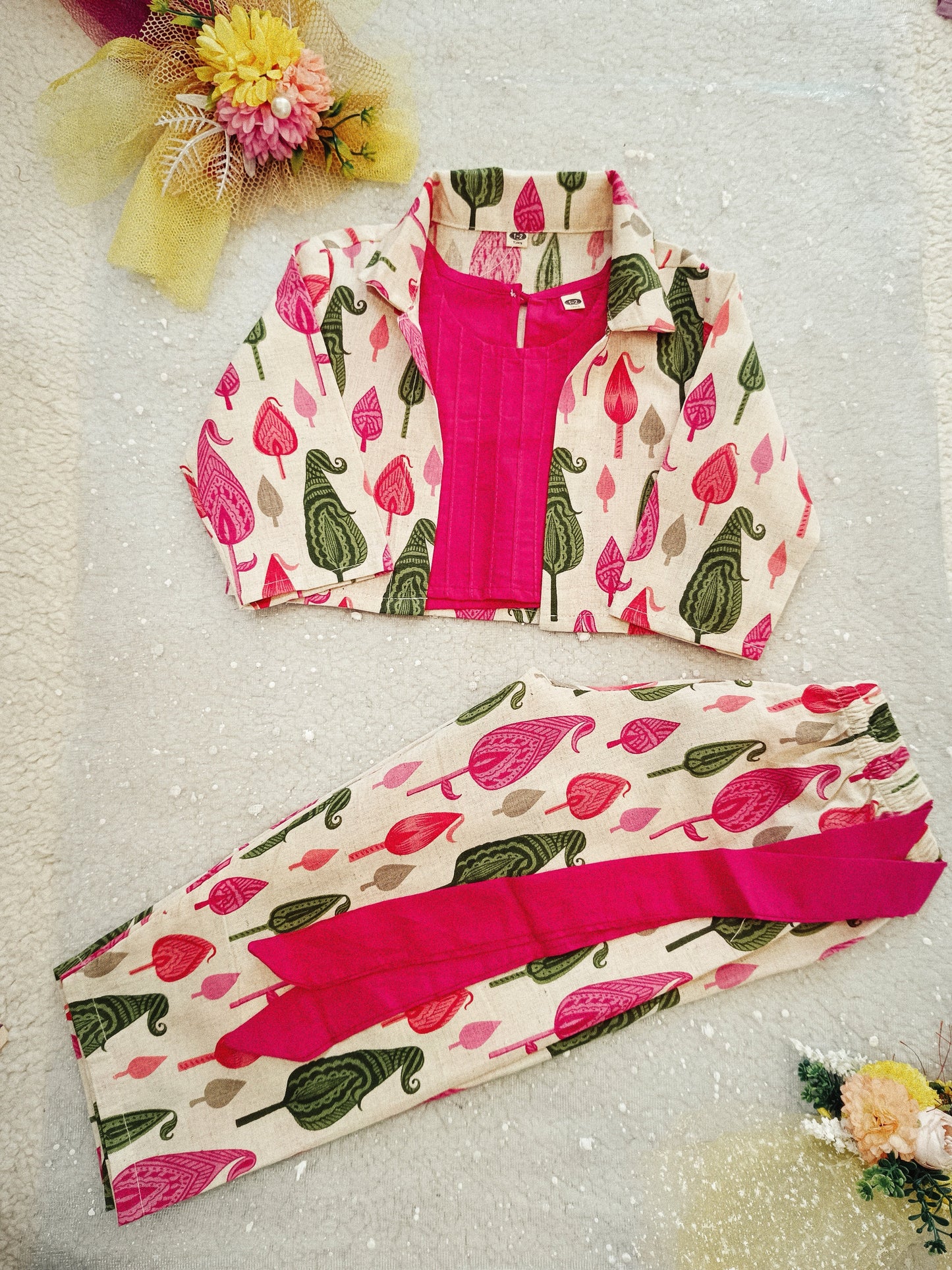 Pink Block Printed 3 Piece Girls Co-Ords