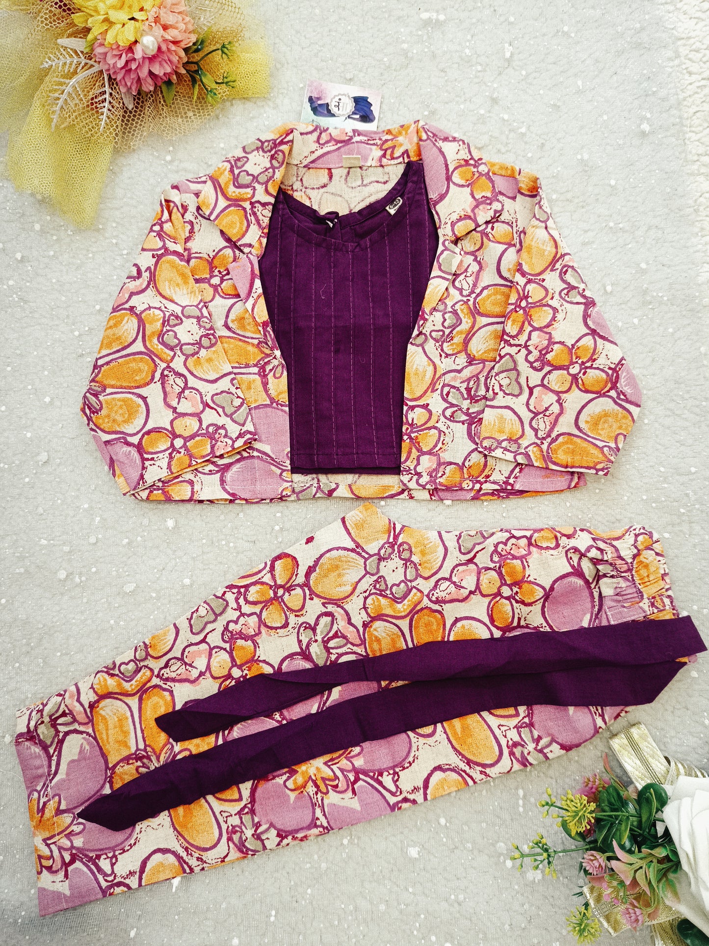 Purple Floral Printed 3 Piece Girls Co-Ords