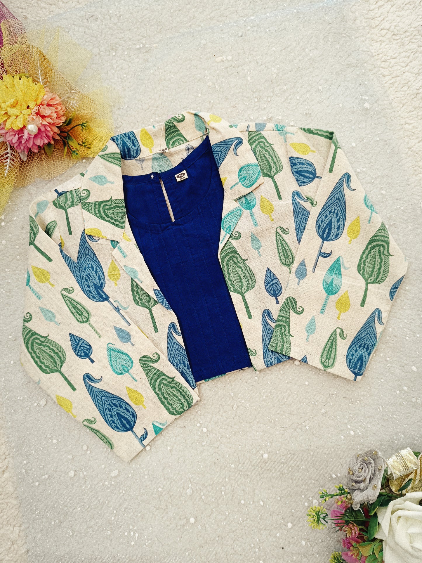 Blue Block Printed 3 Piece Girls Co-Ords