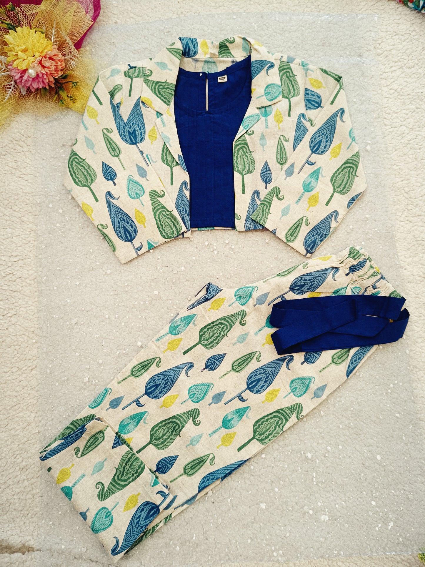 Blue Block Printed 3 Piece Girls Co-Ords