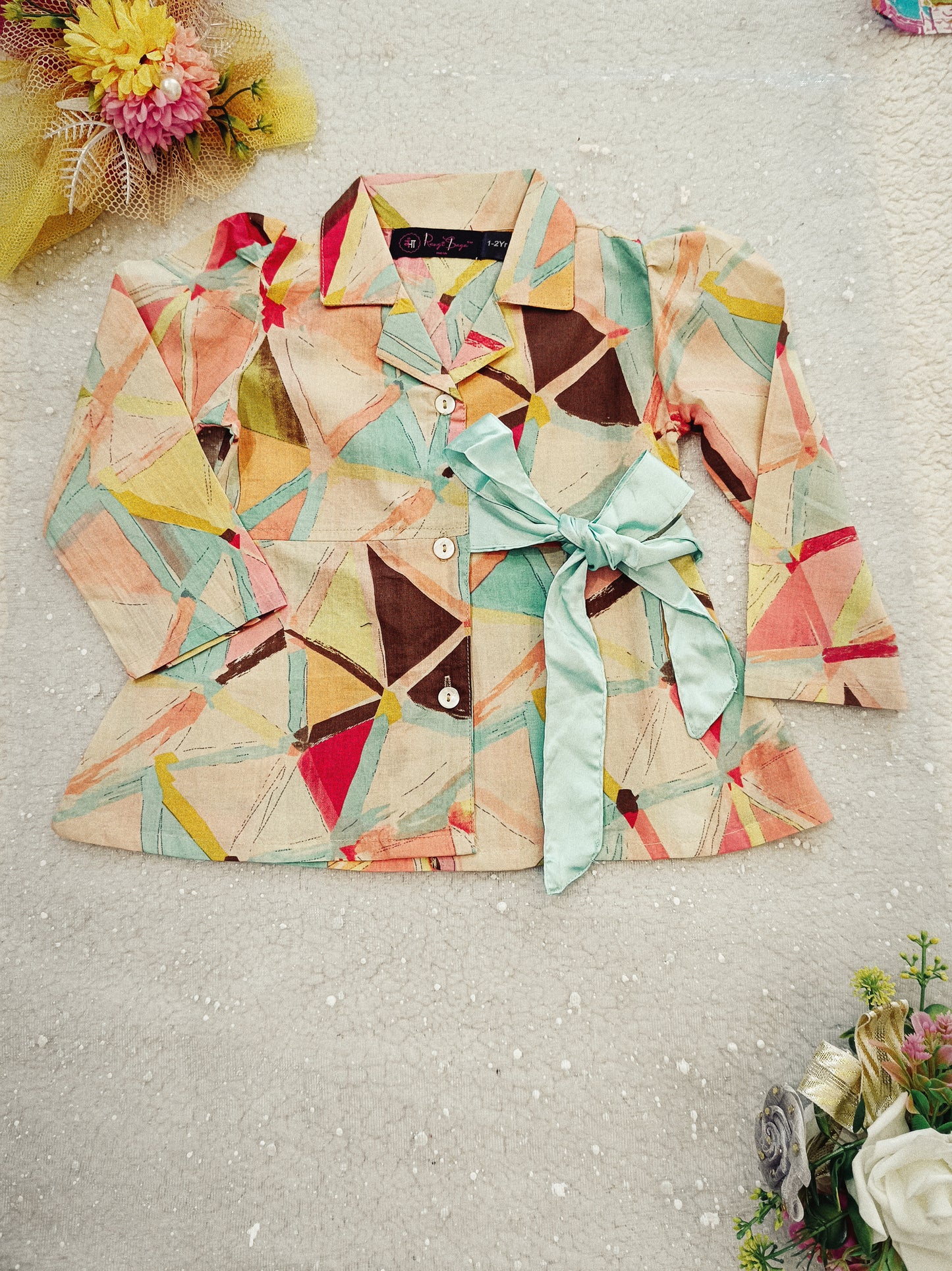 Peach Colour geometric Print Girls Co-Ord Set