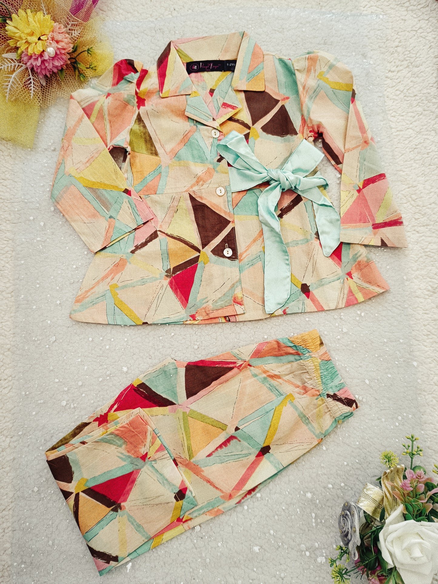 Peach Colour geometric Print Girls Co-Ord Set