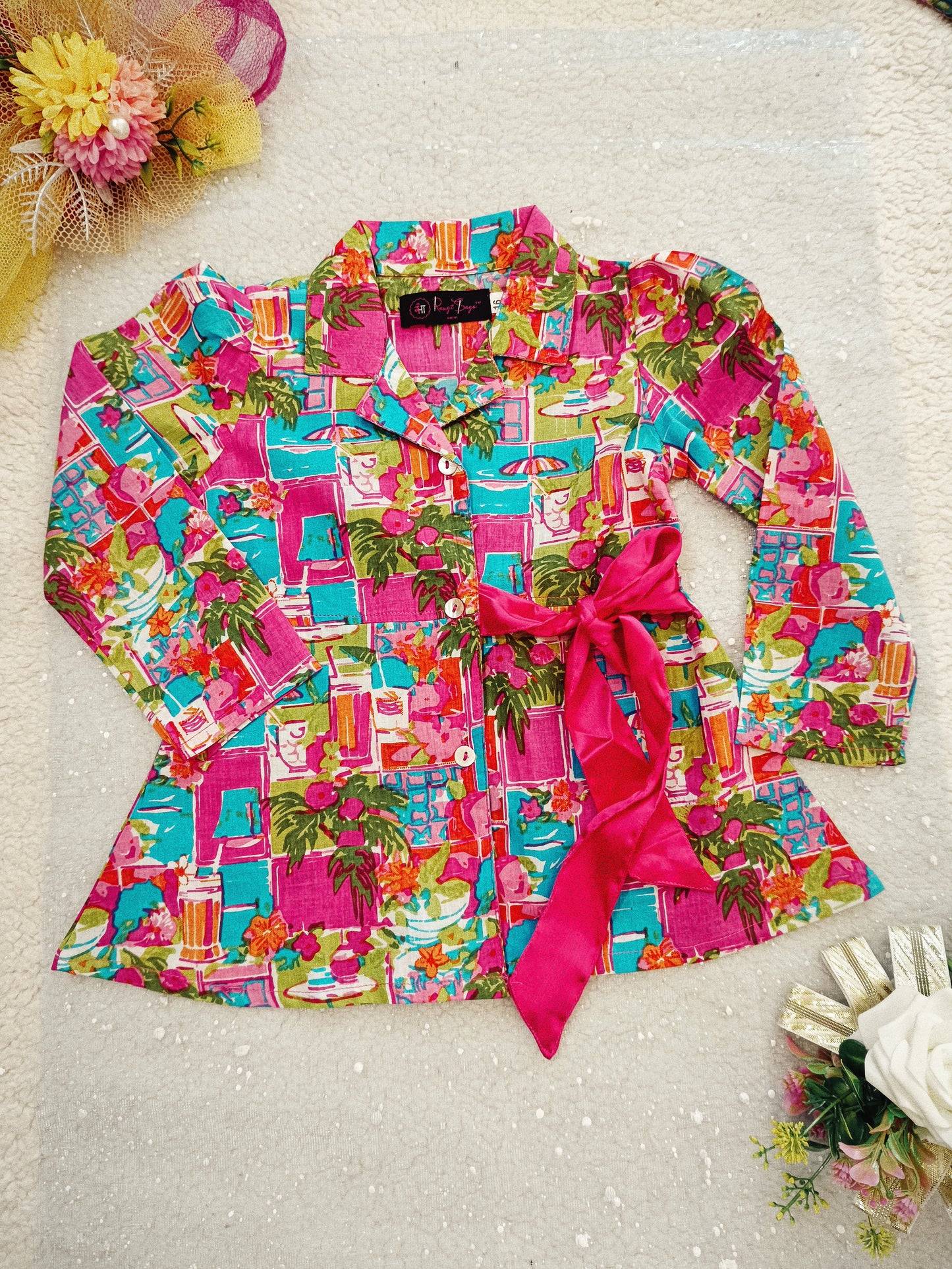 Pink Colour Tropical Print Girls Co-Ord Set