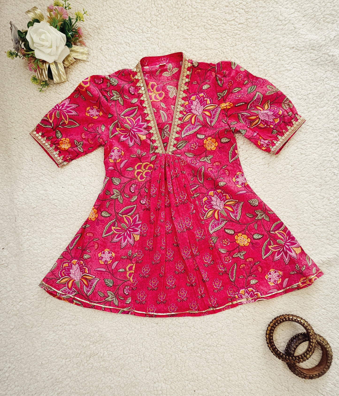 Floral Print Rani Pink Colour Afghani Style Suit Set