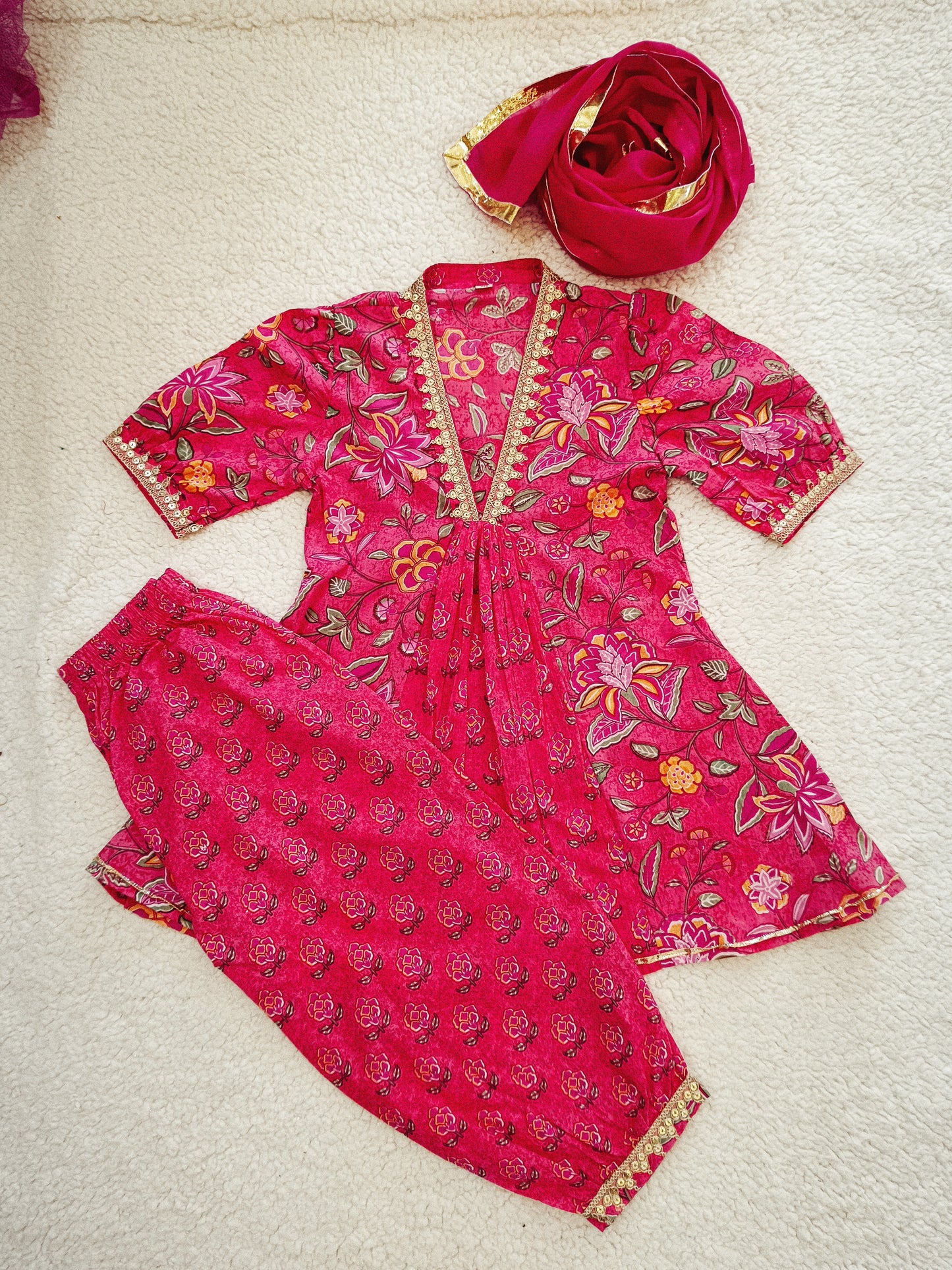 Floral Print Rani Pink Colour Afghani Style Suit Set