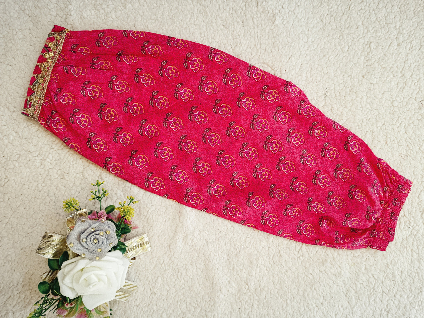 Floral Print Rani Pink Colour Afghani Style Suit Set