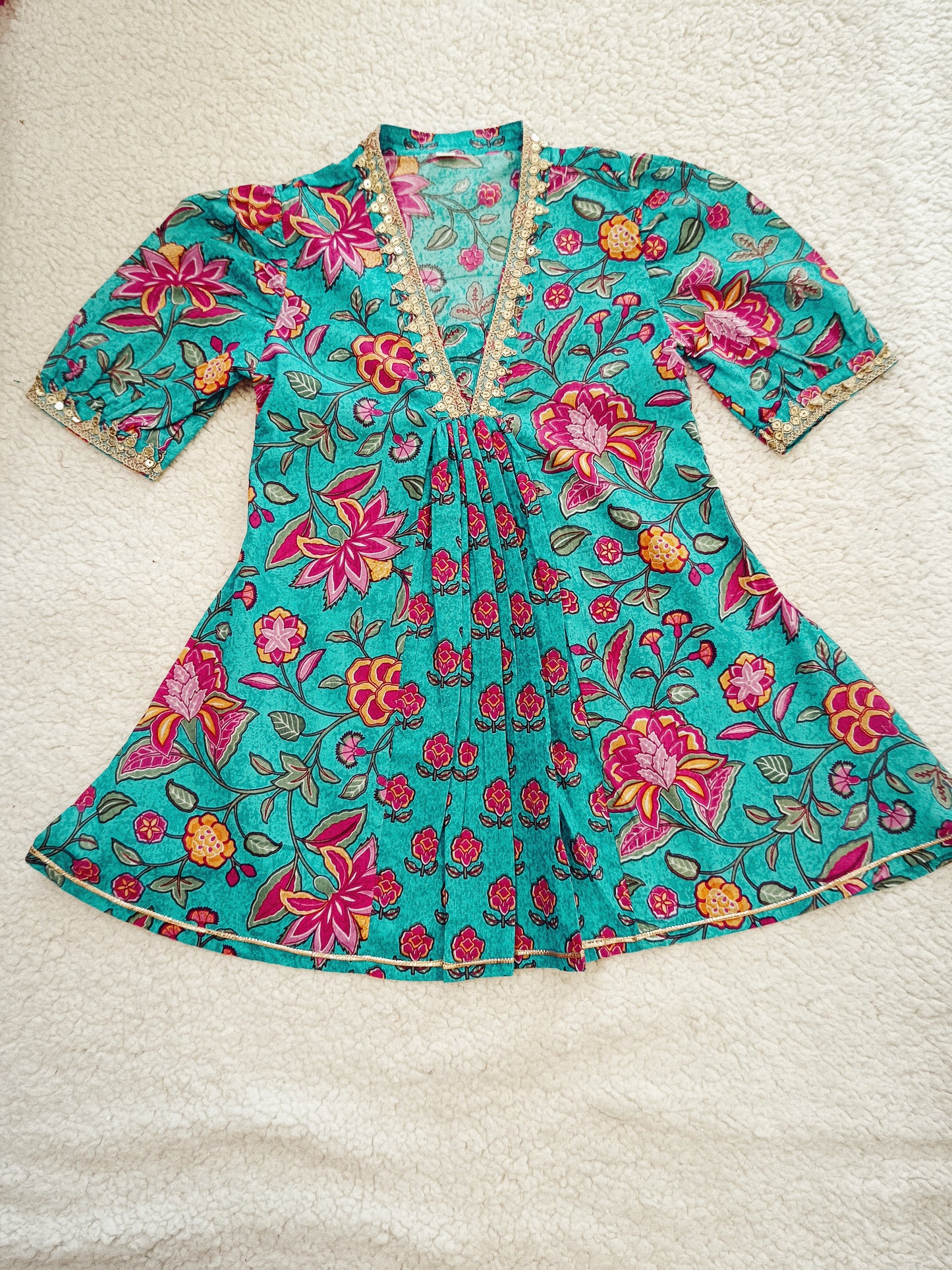 Sea Green Flower Printed Afghani Style Suit Set