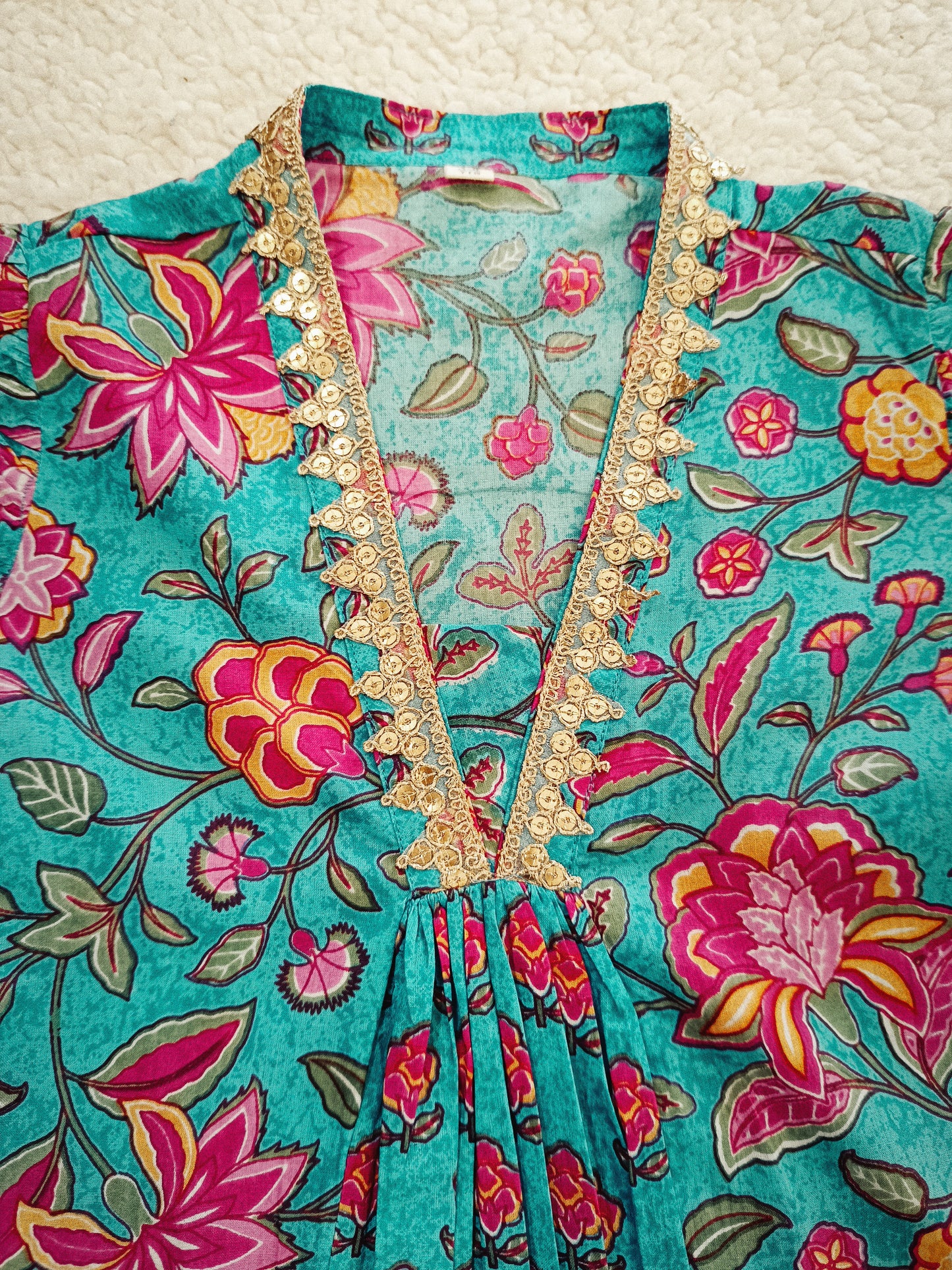 Sea Green Flower Printed Afghani Style Suit Set