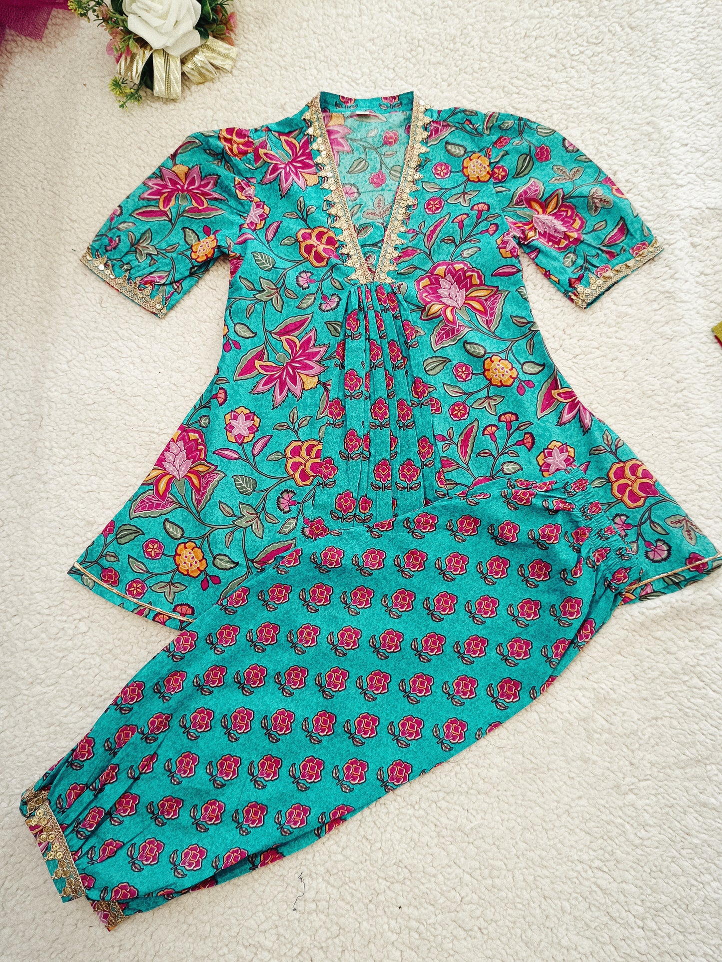 Sea Green Flower Printed Afghani Style Suit Set