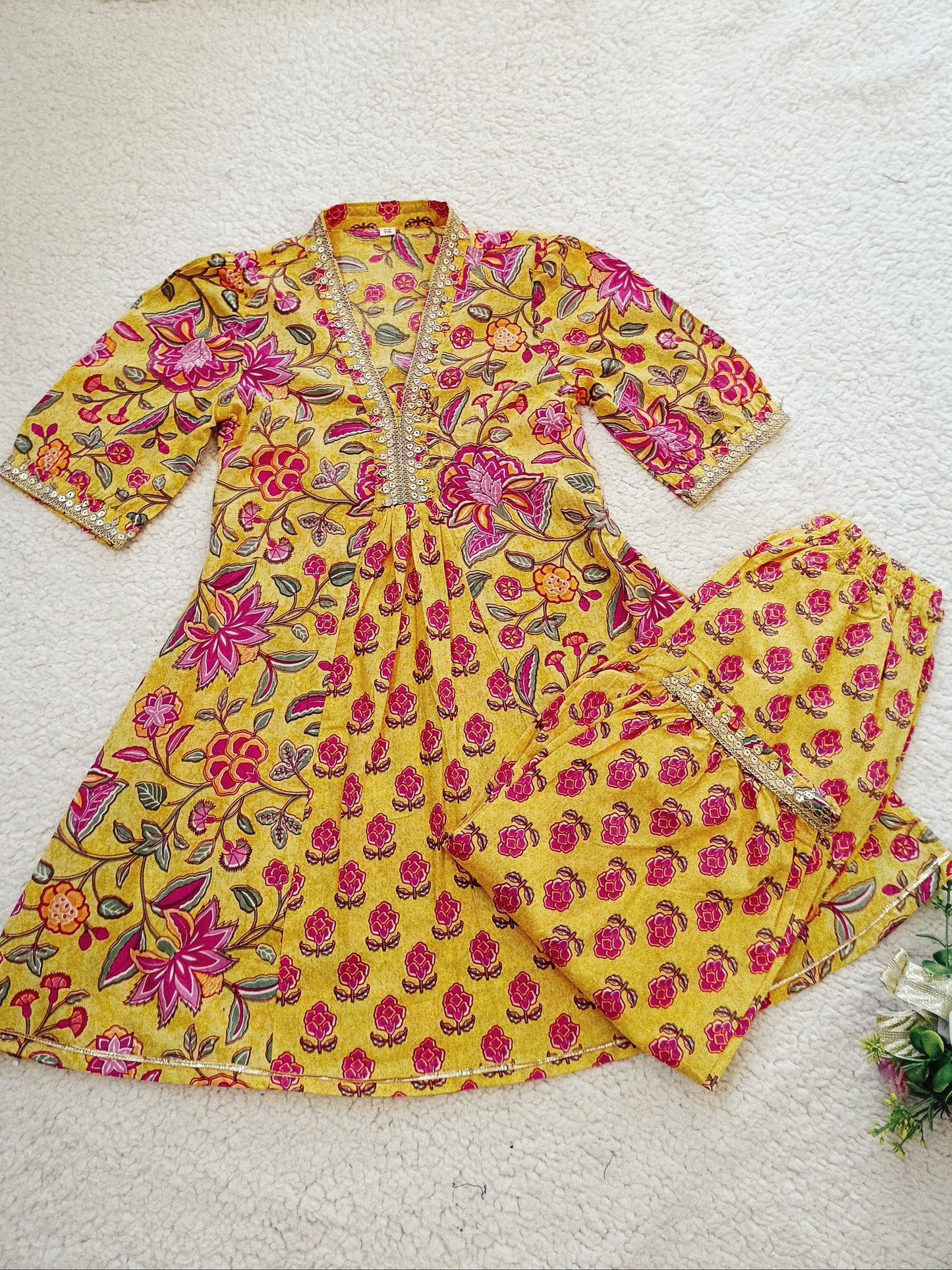 Mustard Flower Printed Afghani Style Suit Set