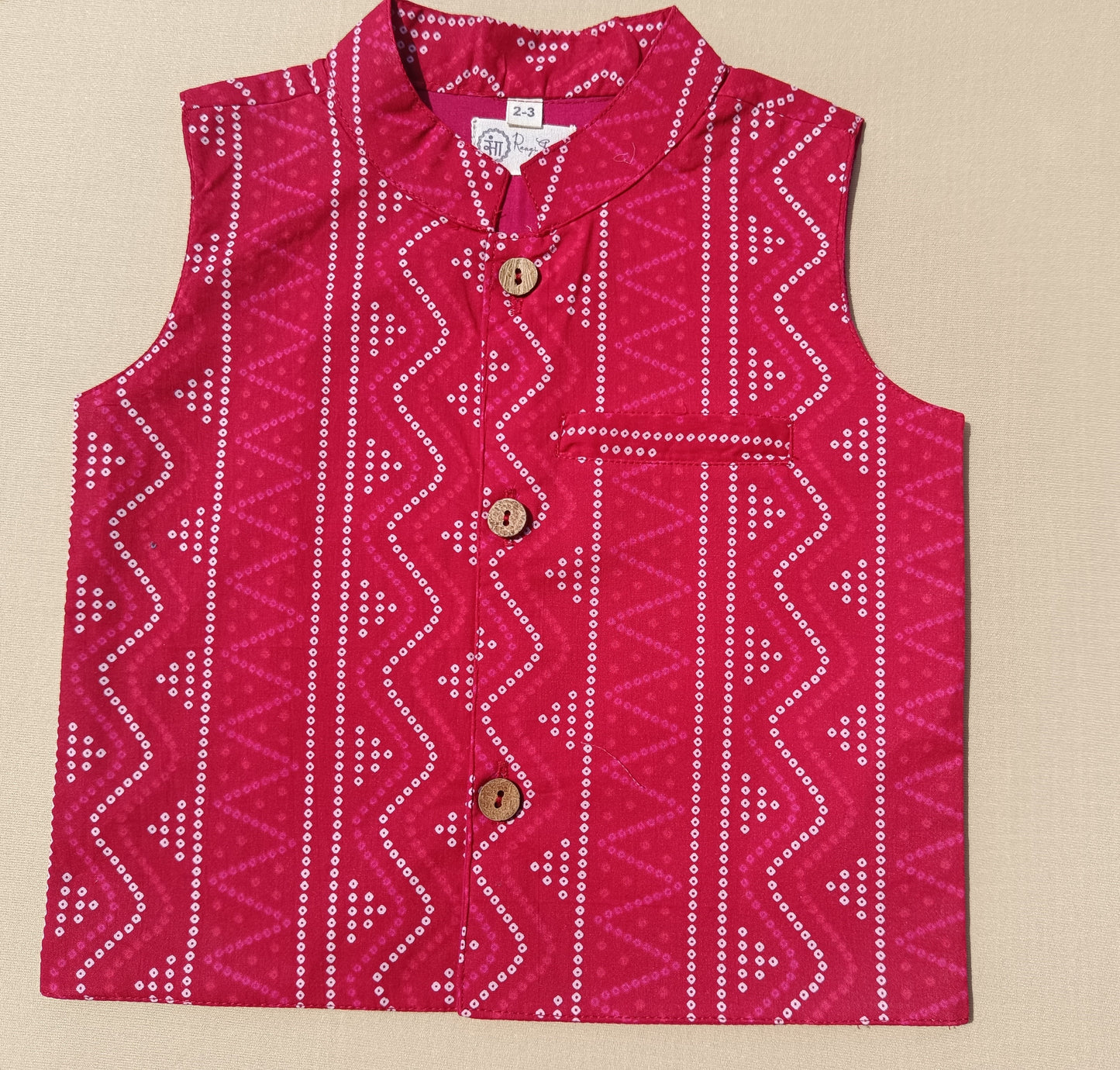 Red Bandhej Jacket With Lurex Kurta Pyjama