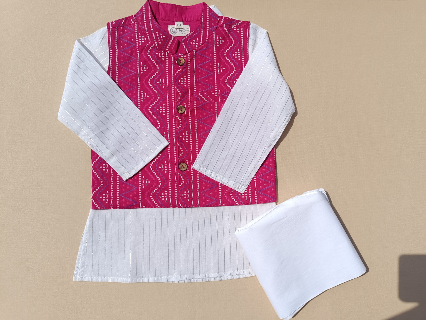 Pink Bandhej Jacket With Lurex Kurta Pyjama