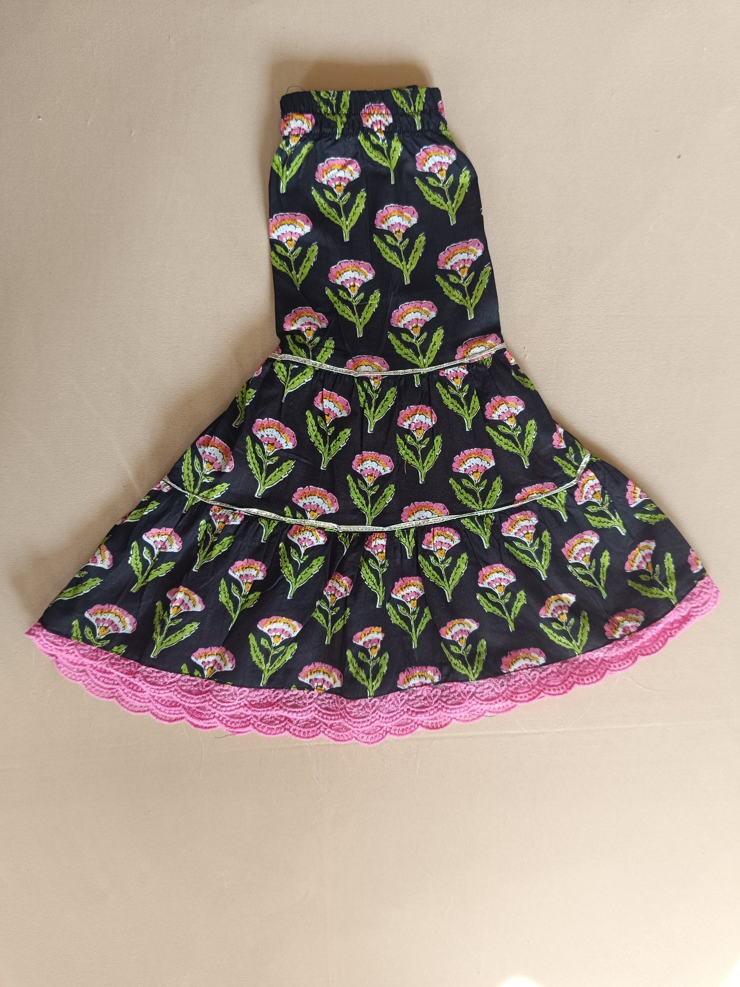 Floral Gathered Black Kurta With Sharara Set