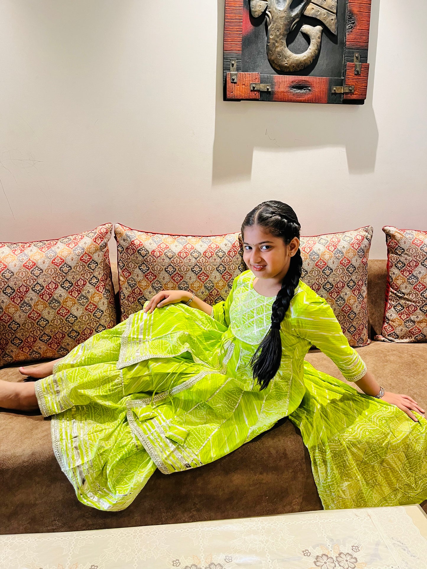 Bandhej Printed Parrot Green Coloured Anarkali Suit With Sharara