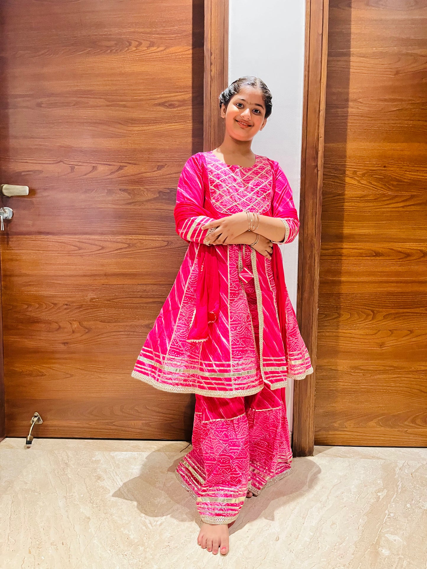 Bandhej Printed Rani Pink Coloured Anarkali With Sharara