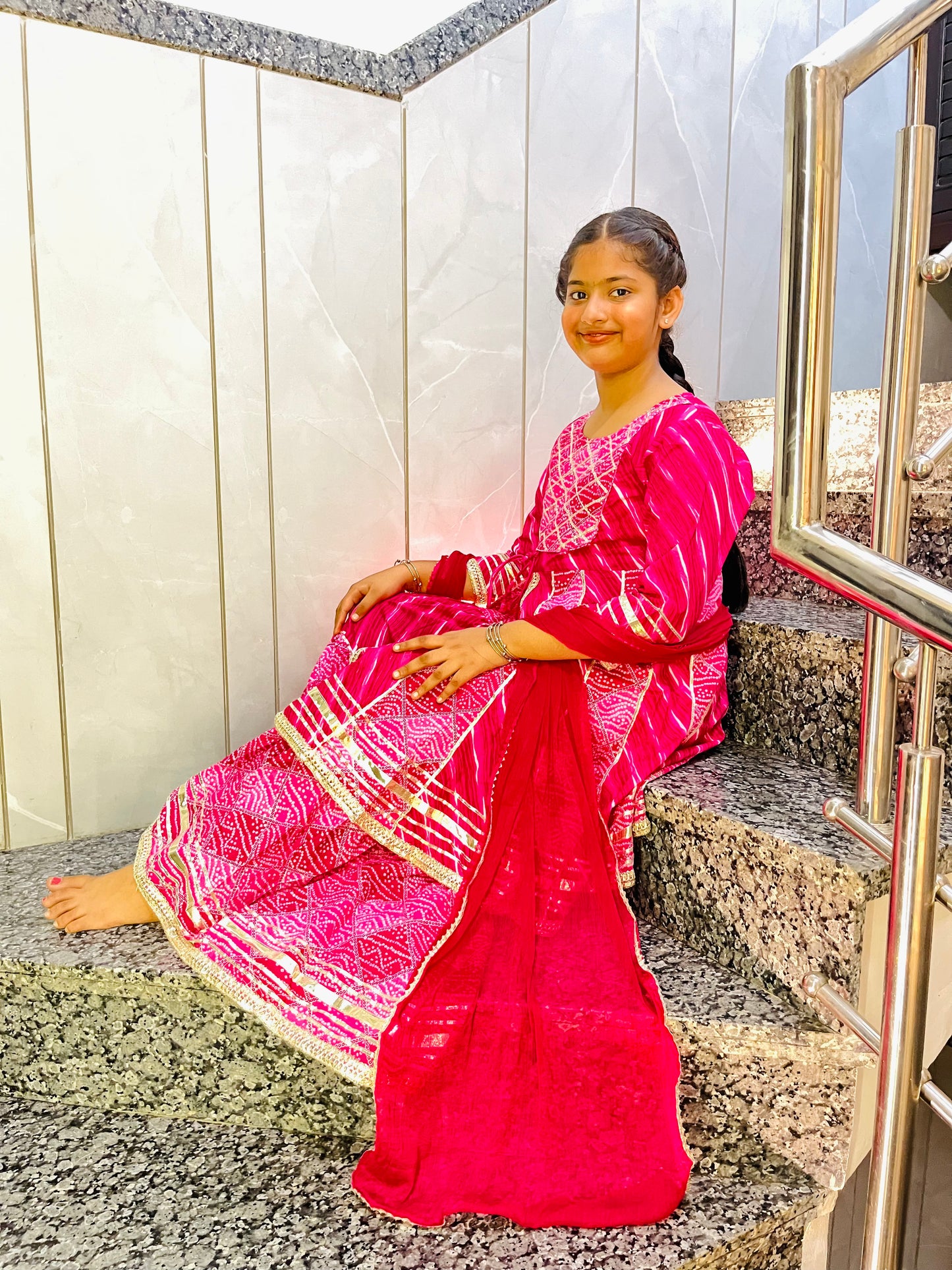 Bandhej Printed Rani Pink Coloured Anarkali With Sharara