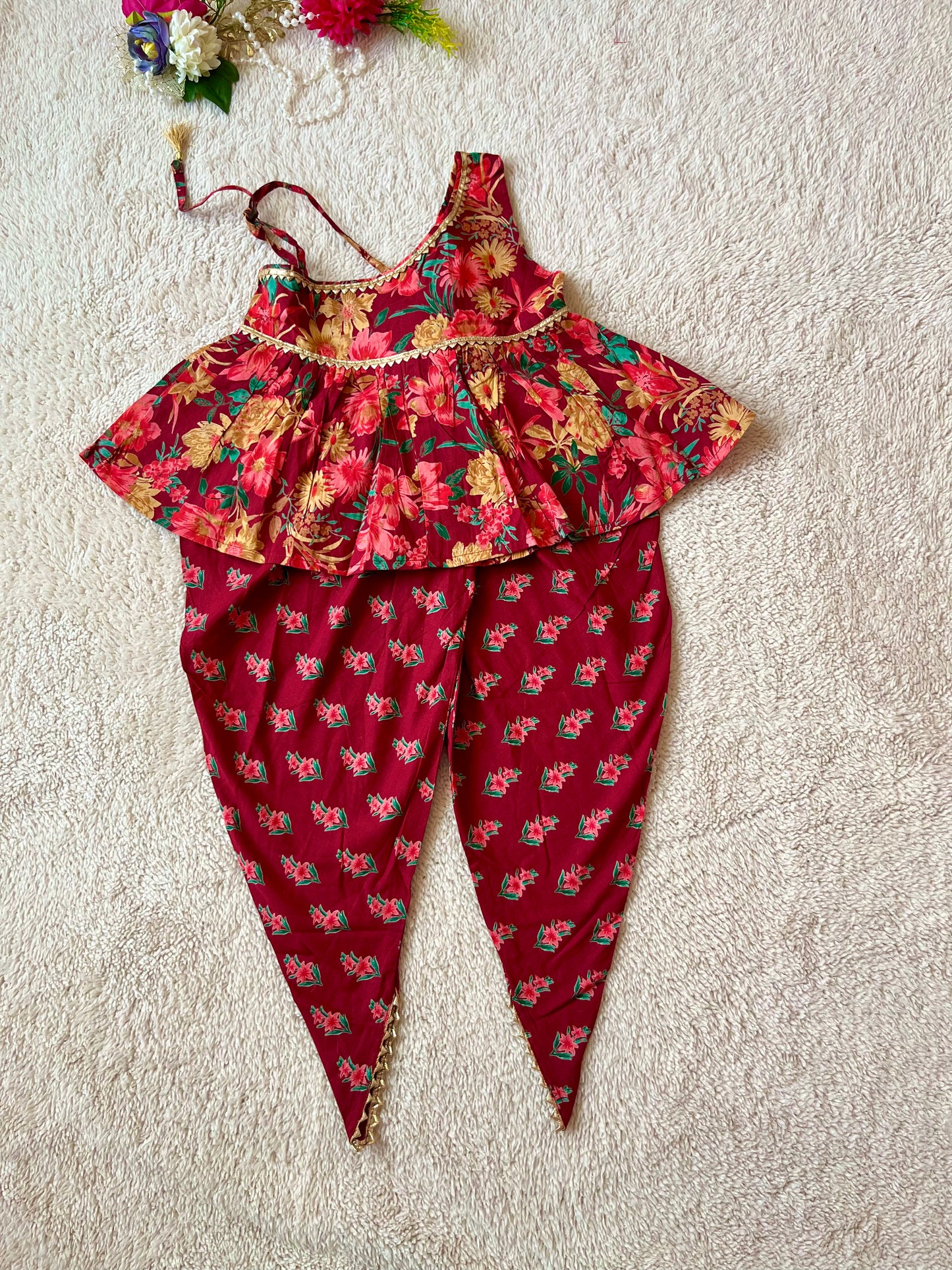 Floral Print Maroon Colour Top and Dhoti Style Tulip Pant