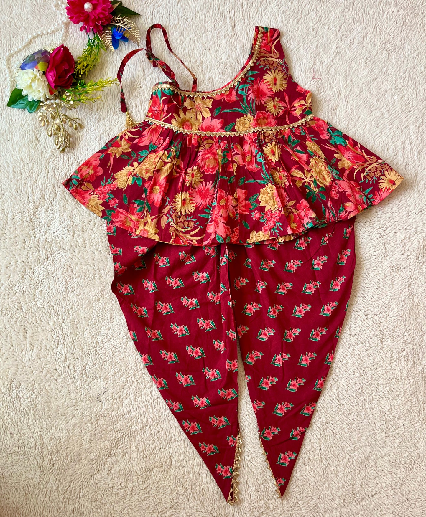 Floral Print Maroon Colour Top and Dhoti Style Tulip Pant