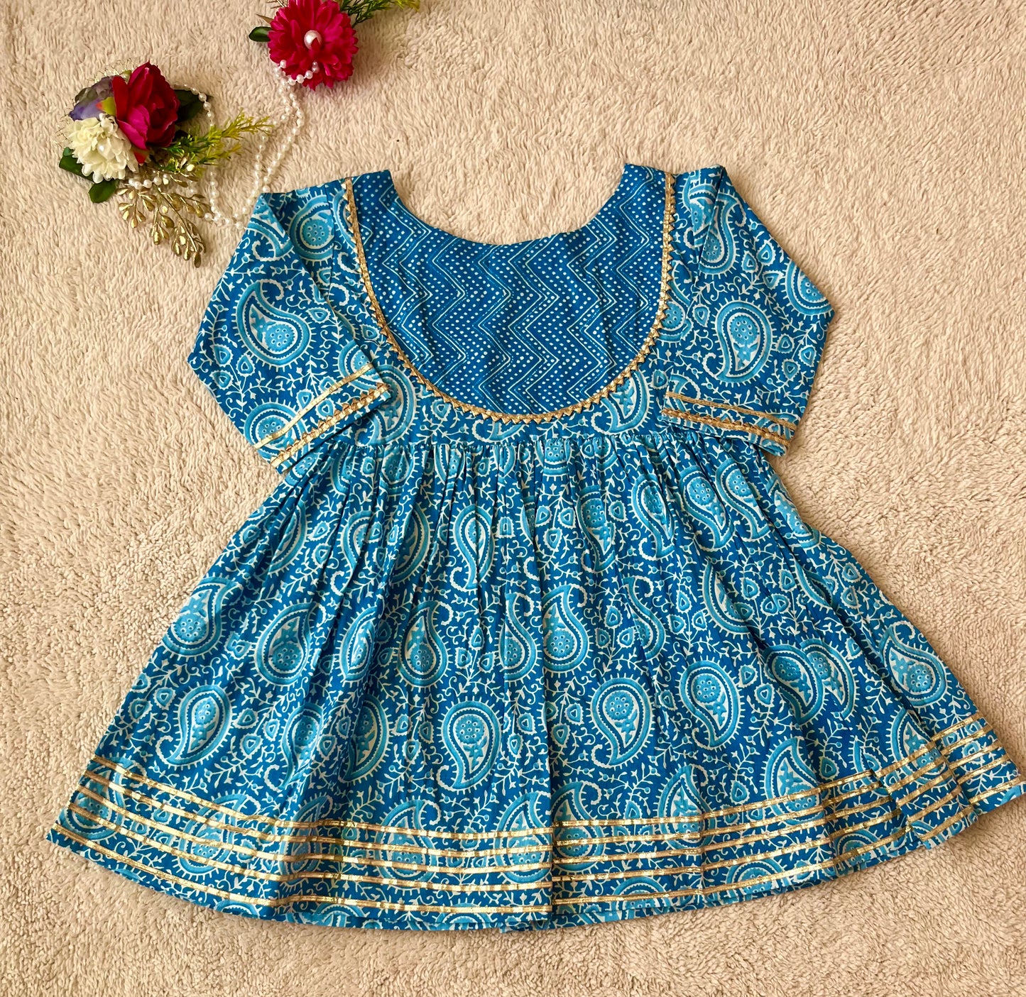 Block Printed Blue Colour Anarkali Suit with Sharara