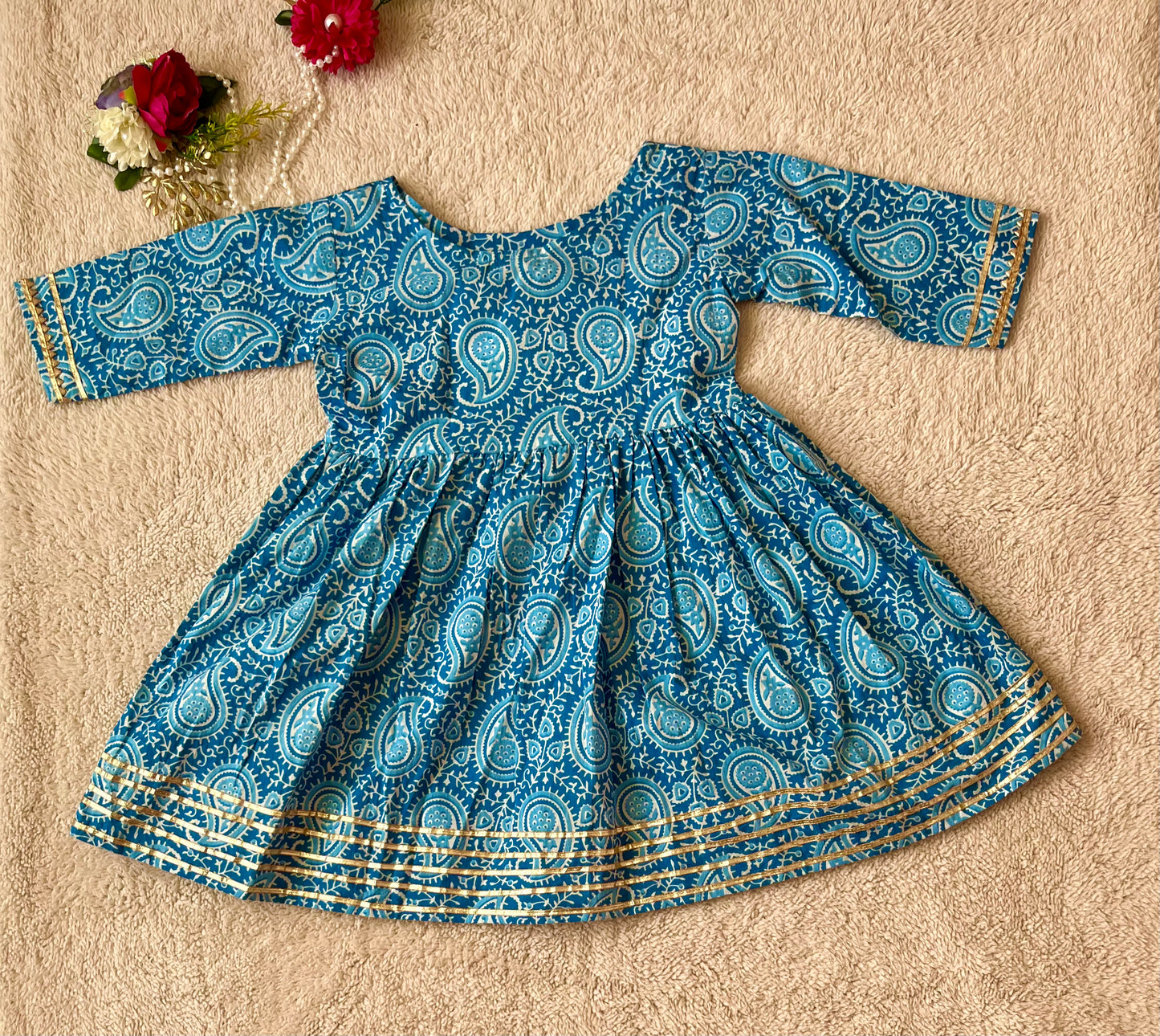 Block Printed Blue Colour Anarkali Suit with Sharara