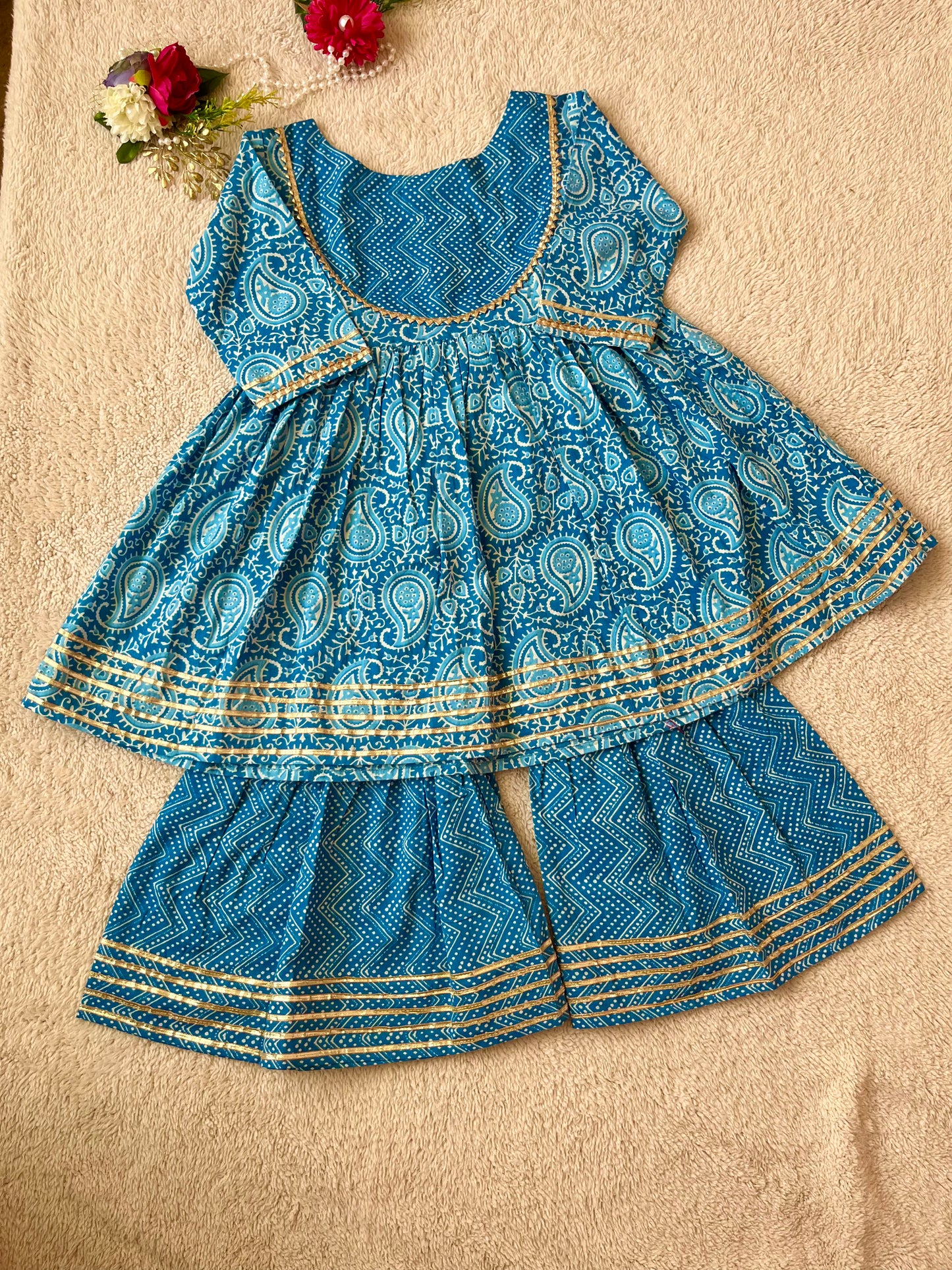 Block Printed Blue Colour Anarkali Suit with Sharara