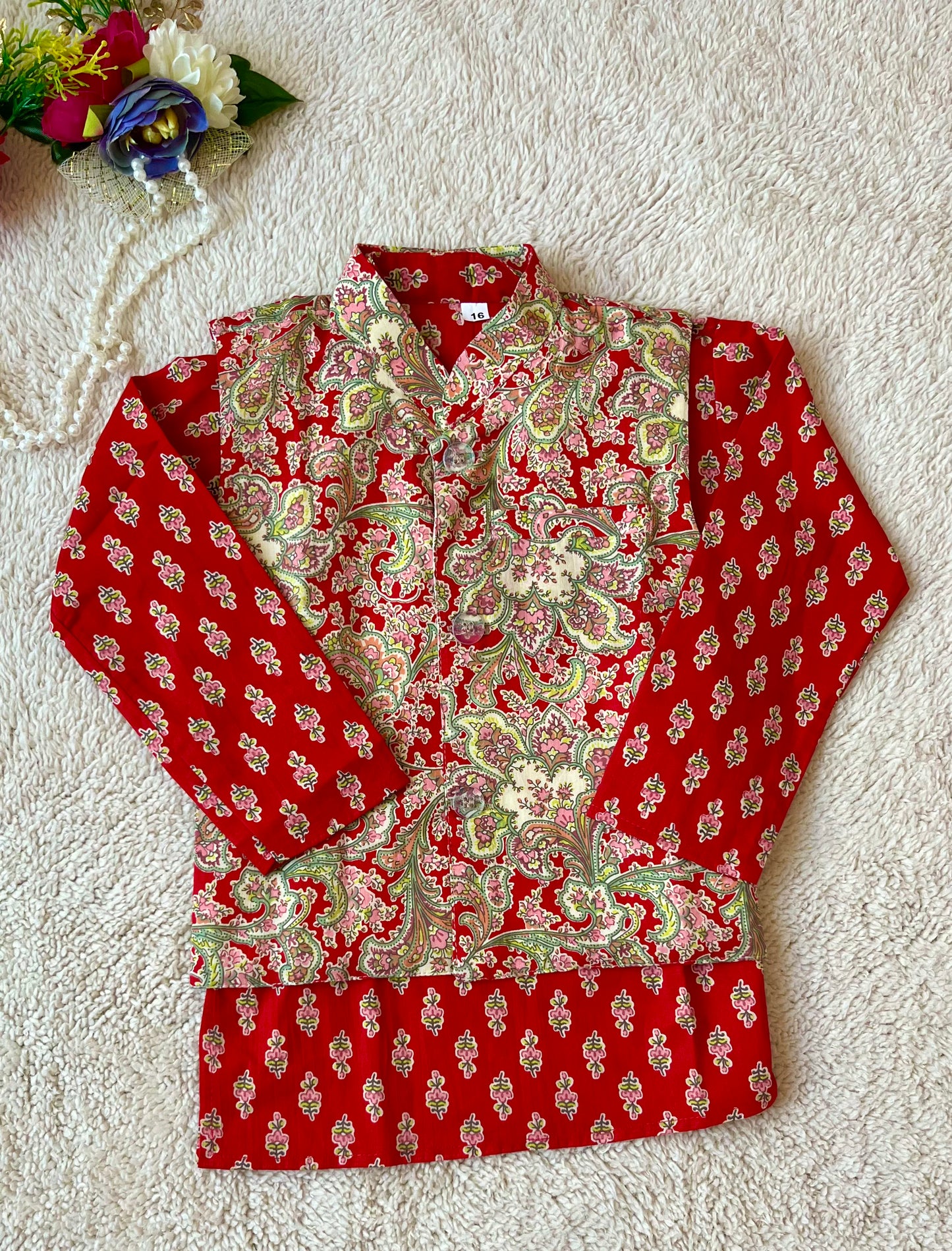 Red Jaal -Buta Jacket with Kurta -Pyjama