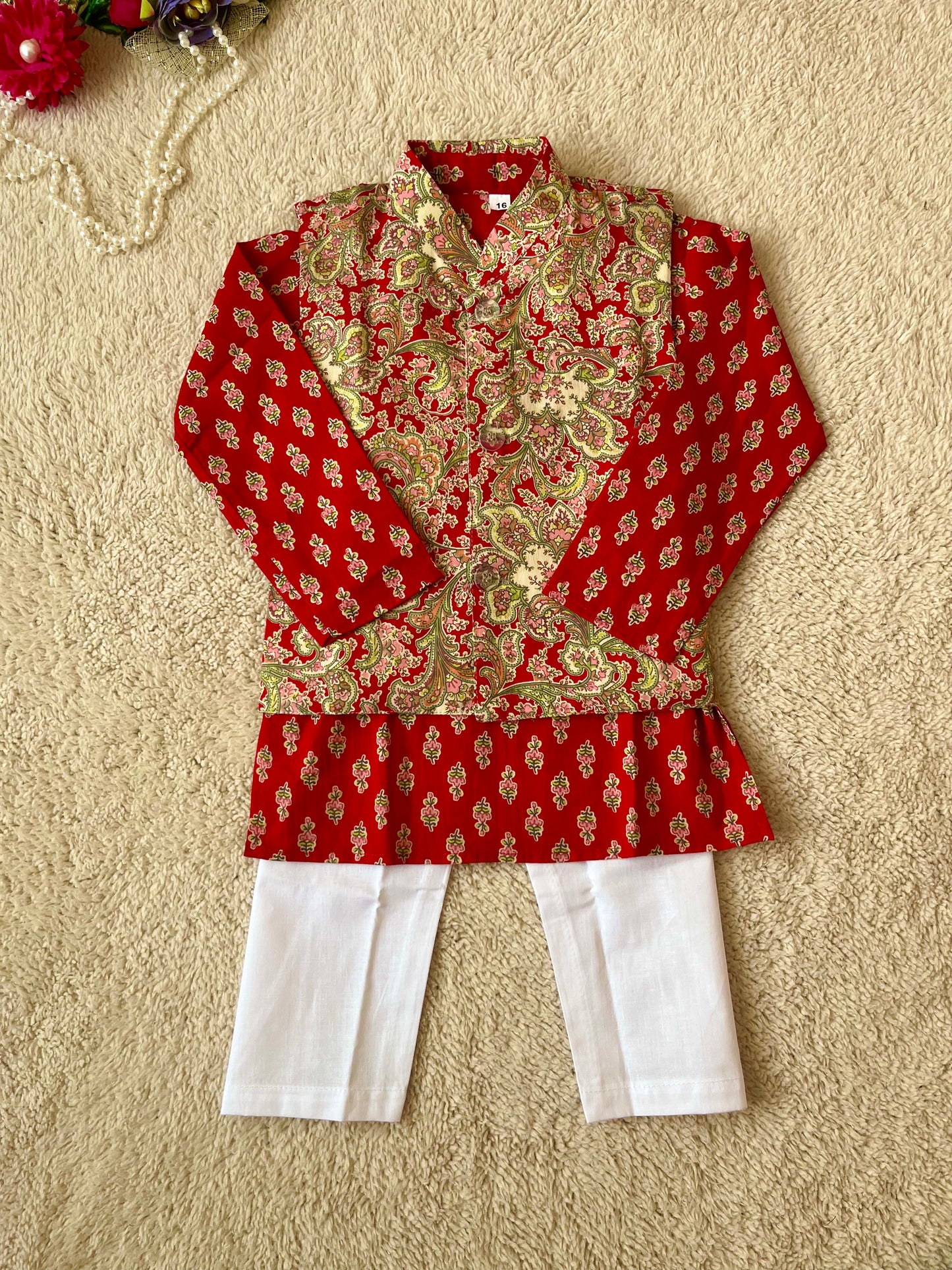 Red Jaal -Buta Jacket with Kurta -Pyjama