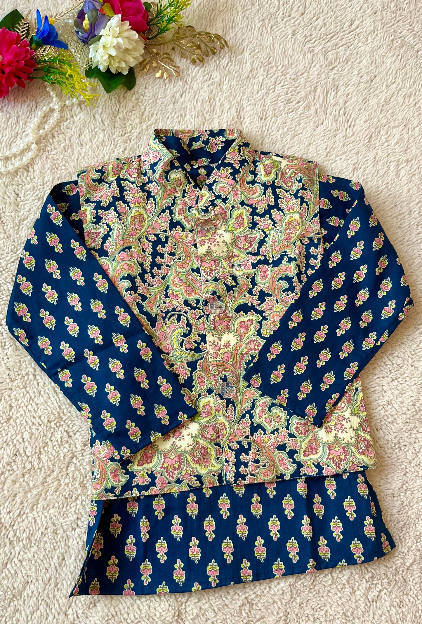 Blue Jaal Buta Jacket with Kurta Pyjama