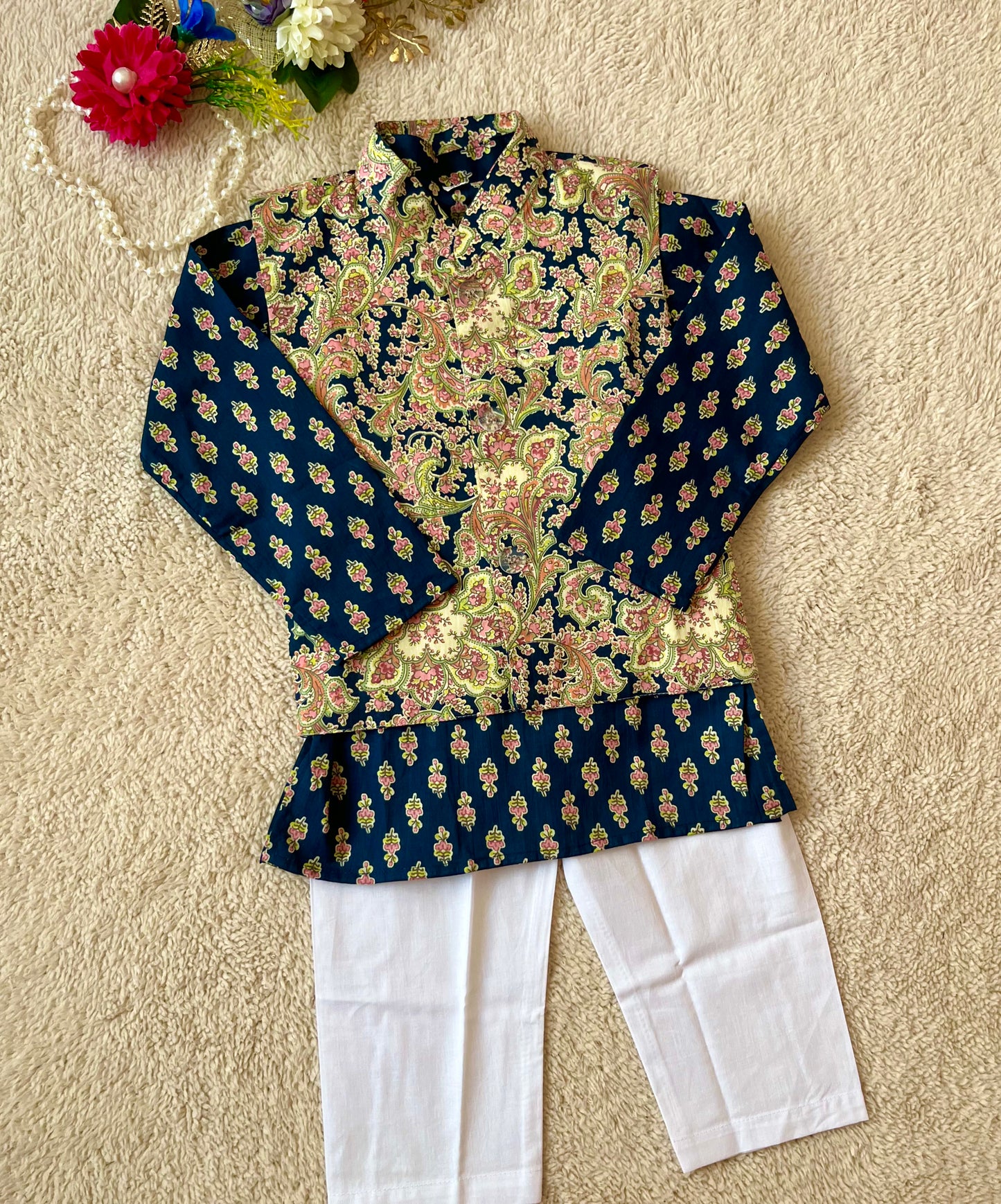 Blue Jaal Buta Jacket with Kurta Pyjama